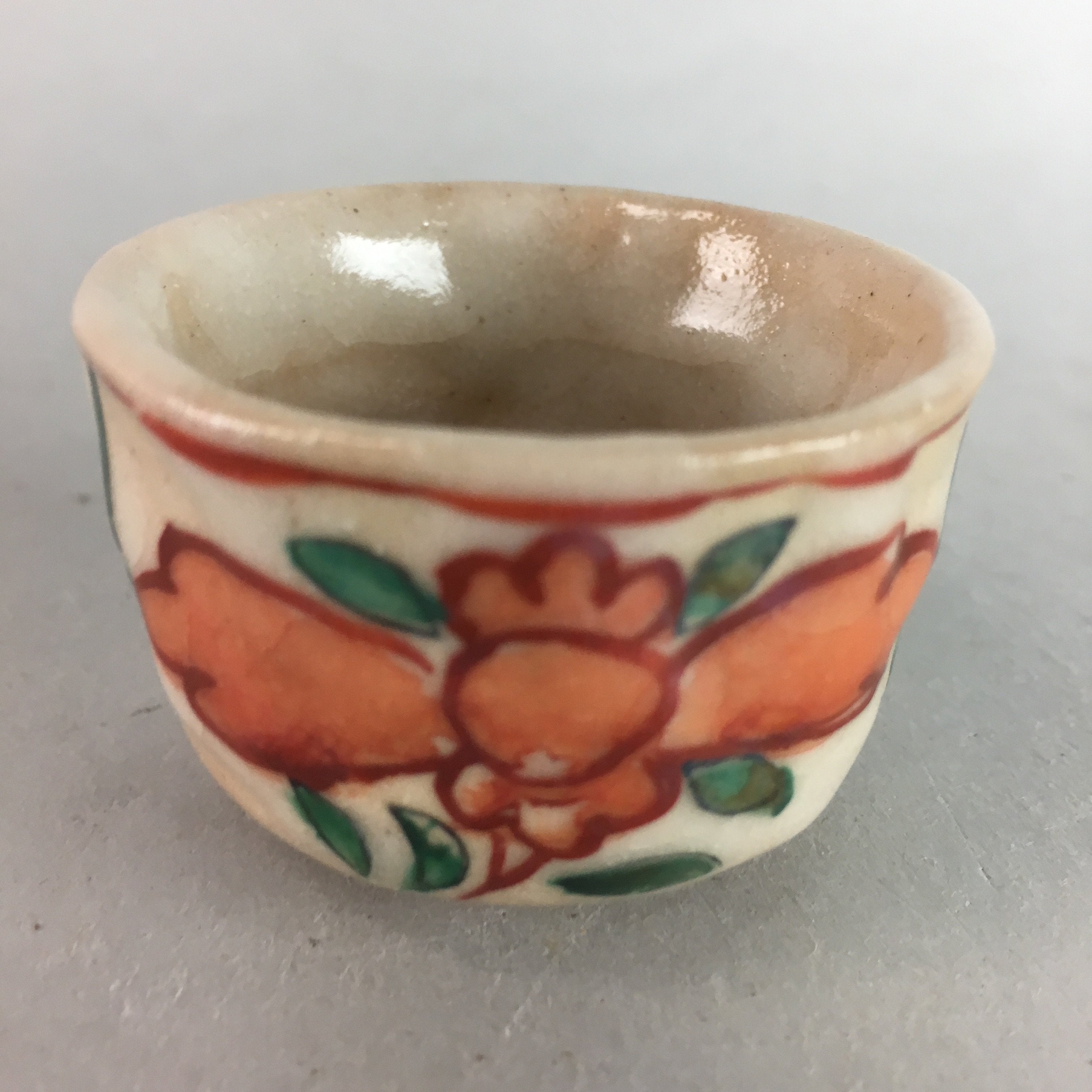 Japanese Ceramic Sake Cup Guinomi Sakazuki Vtg Floral Pottery Crackle GU555