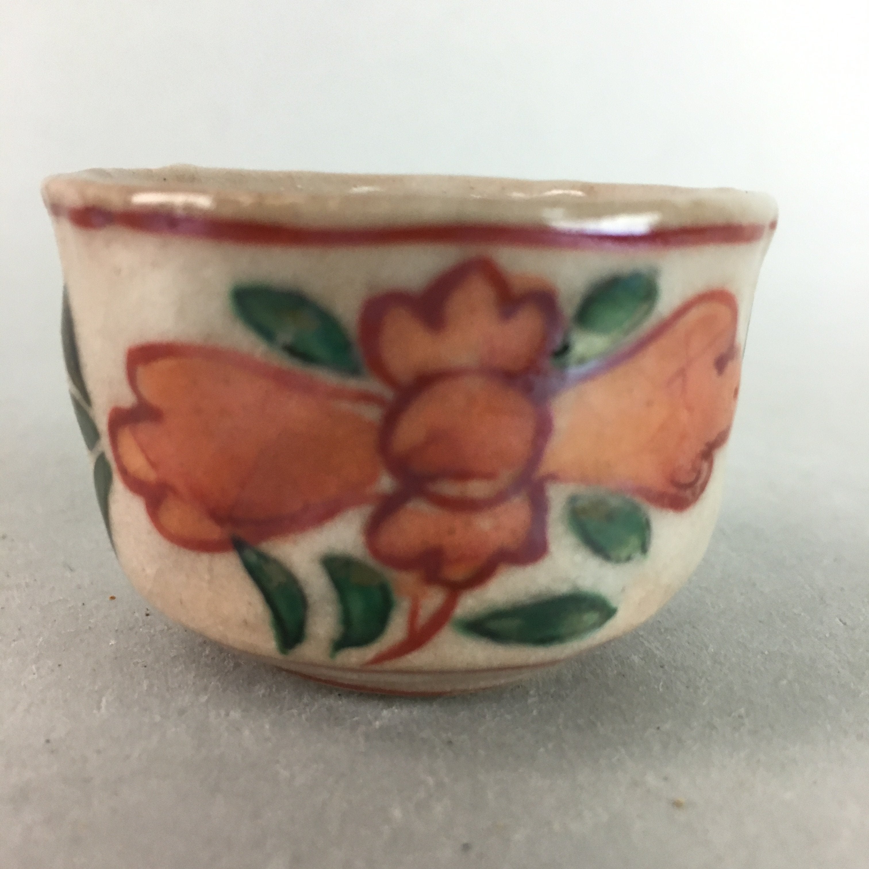 Japanese Ceramic Sake Cup Guinomi Sakazuki Vtg Floral Pottery Crackle GU556