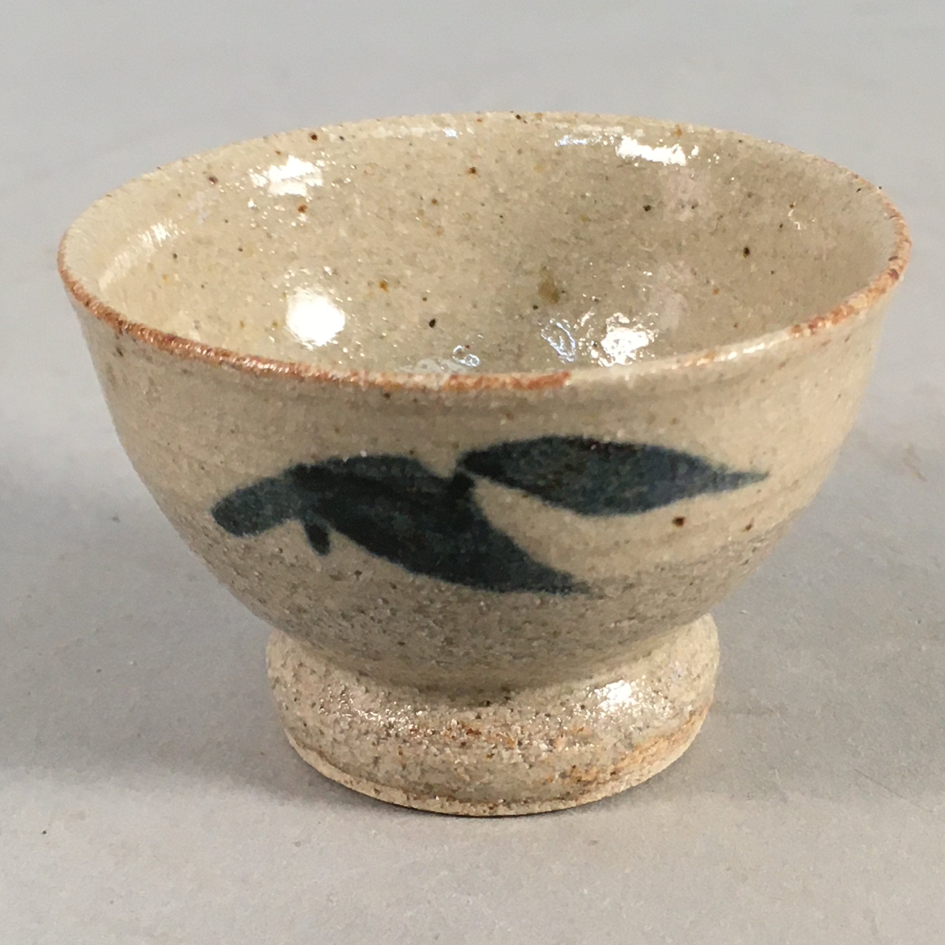 Japanese Ceramic Sake Cup Guinomi Sakazuki Vtg Pottery Blue Leaf GU816
