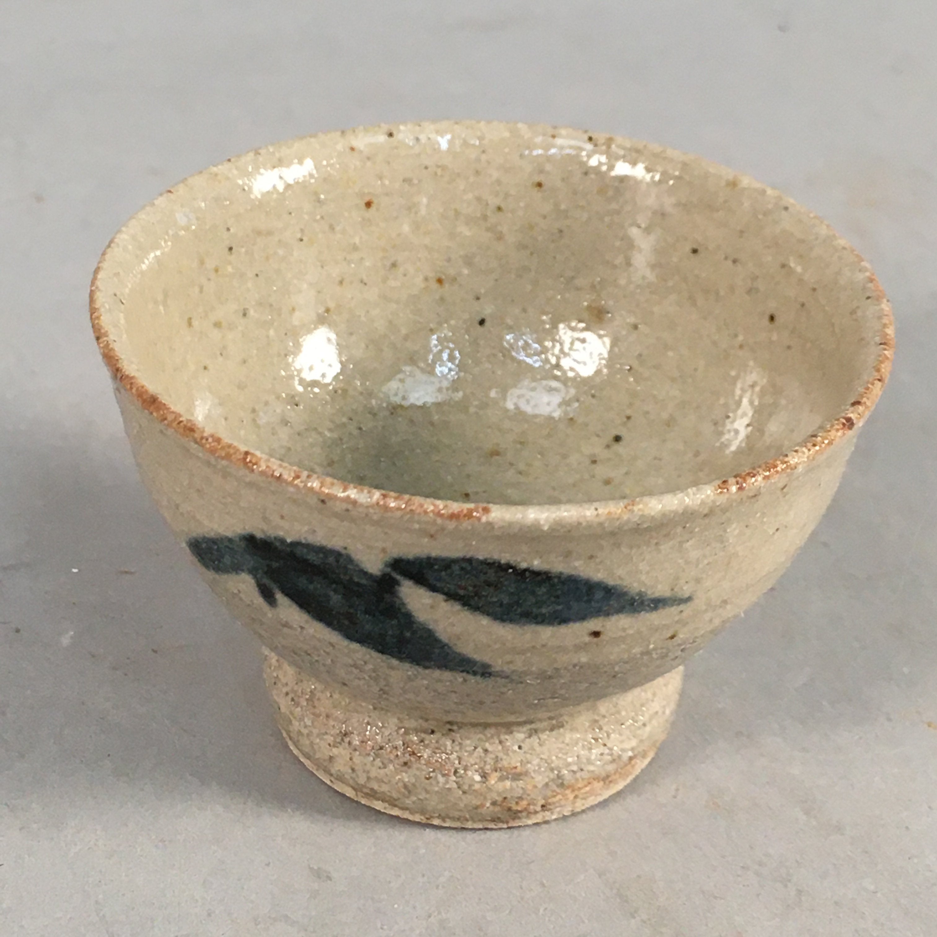 Japanese Ceramic Sake Cup Guinomi Sakazuki Vtg Pottery Blue Leaf GU816