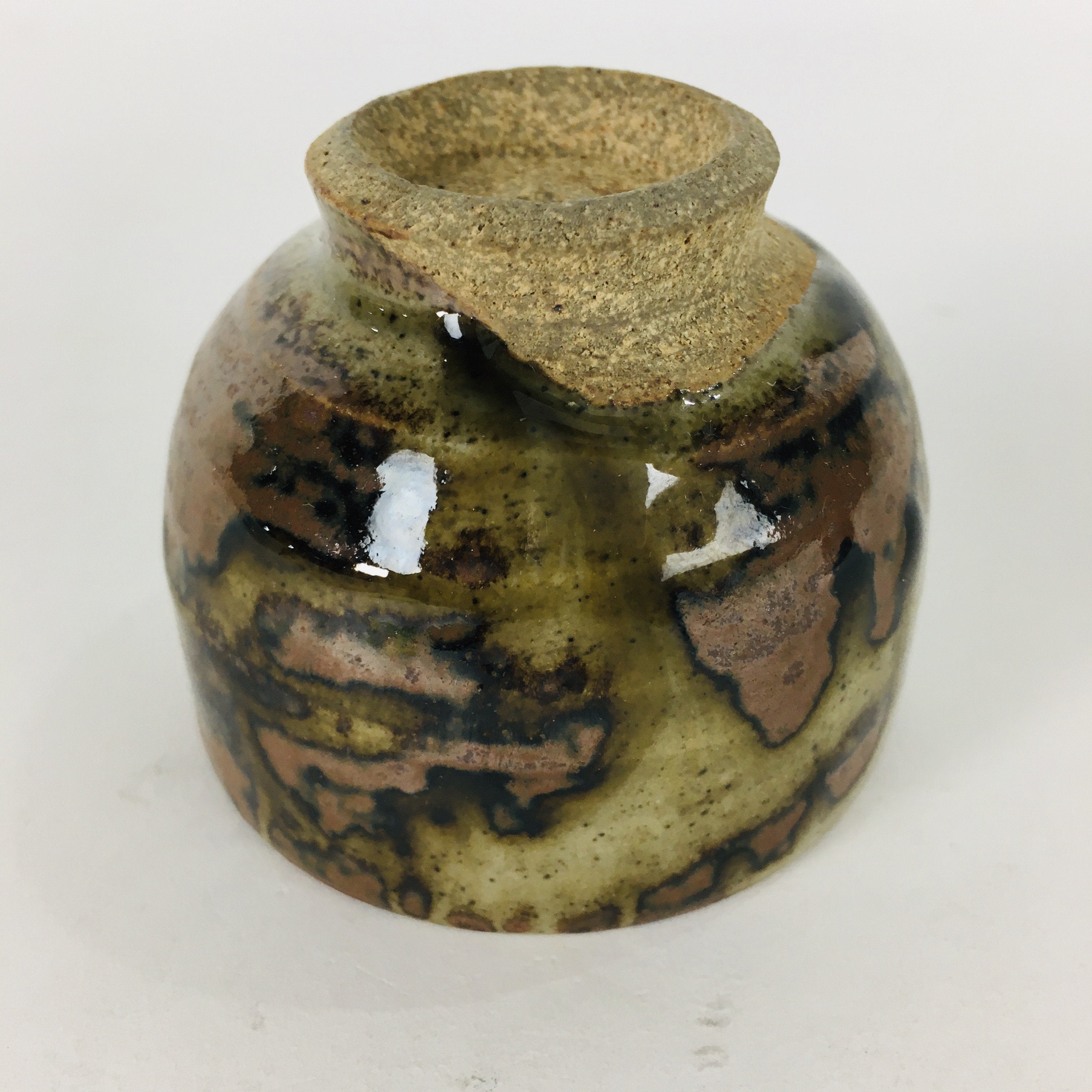 Japanese Ceramic Sake Cup Karatsu Ware Vtg Guinomi Ochoko Brown Glaze GU898