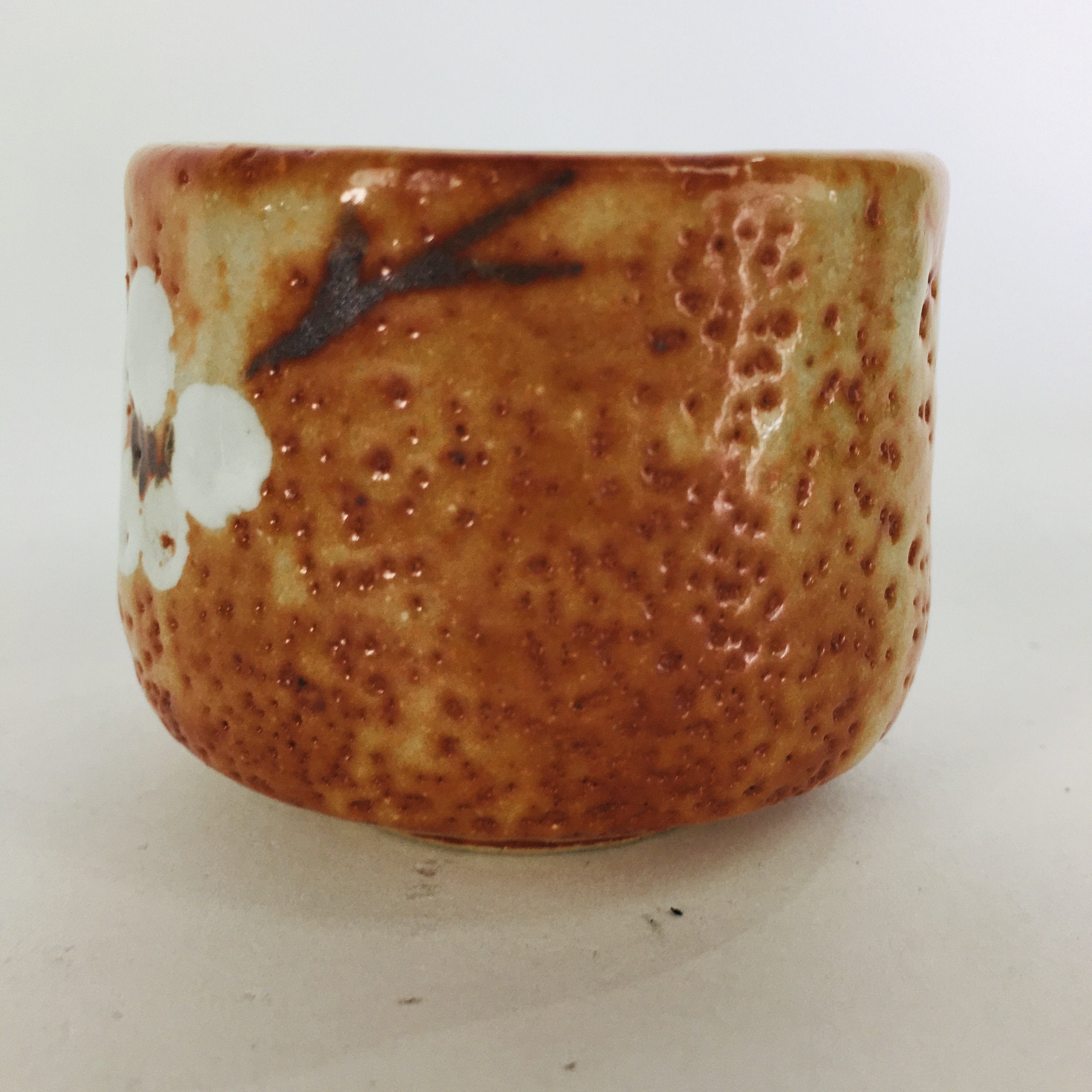 Japanese Ceramic Sake Cup Shino Ware Vtg Guinomi Ochoko Plum Blossom GU895