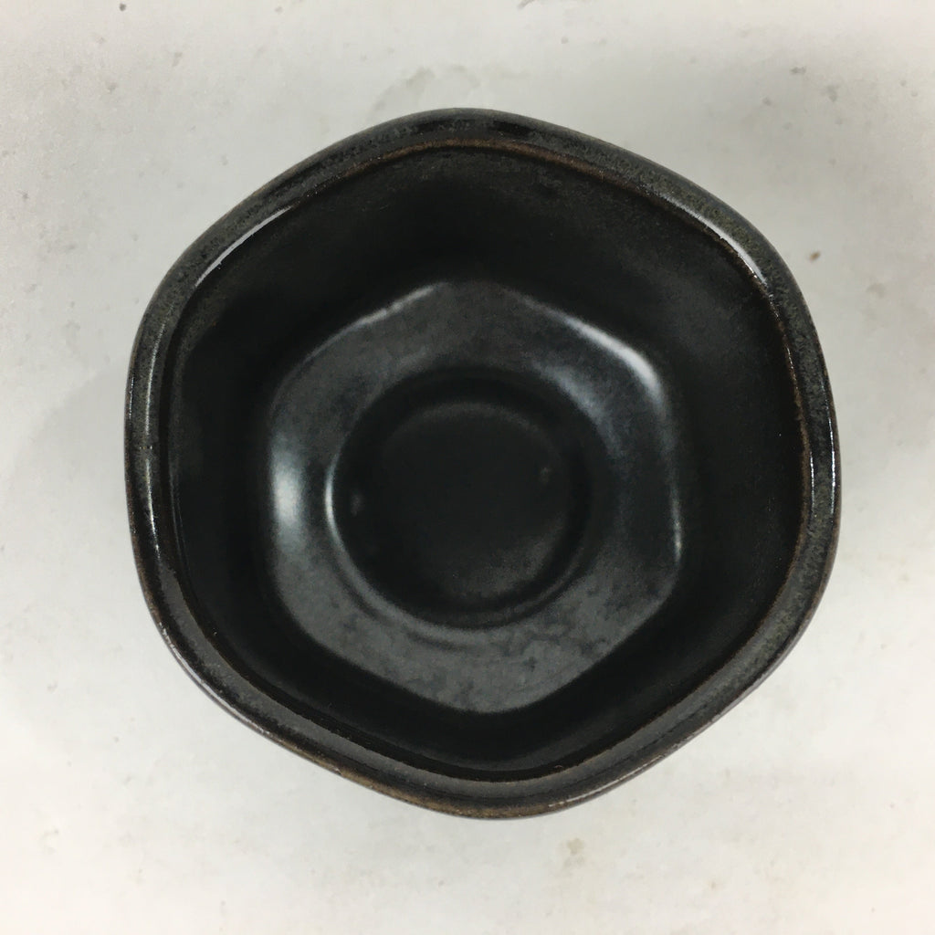 Japanese Ceramic Sake Cup Vtg Black Pottery Guinomi Sakazuki Ochoko Hexagon G6