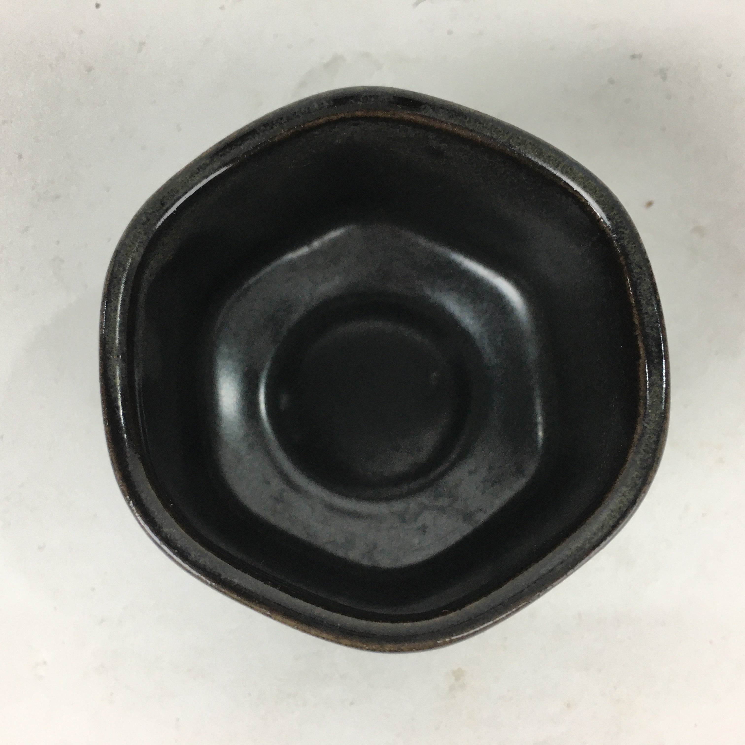 Japanese Ceramic Sake Cup Vtg Black Pottery Guinomi Sakazuki Ochoko Hexagon G6