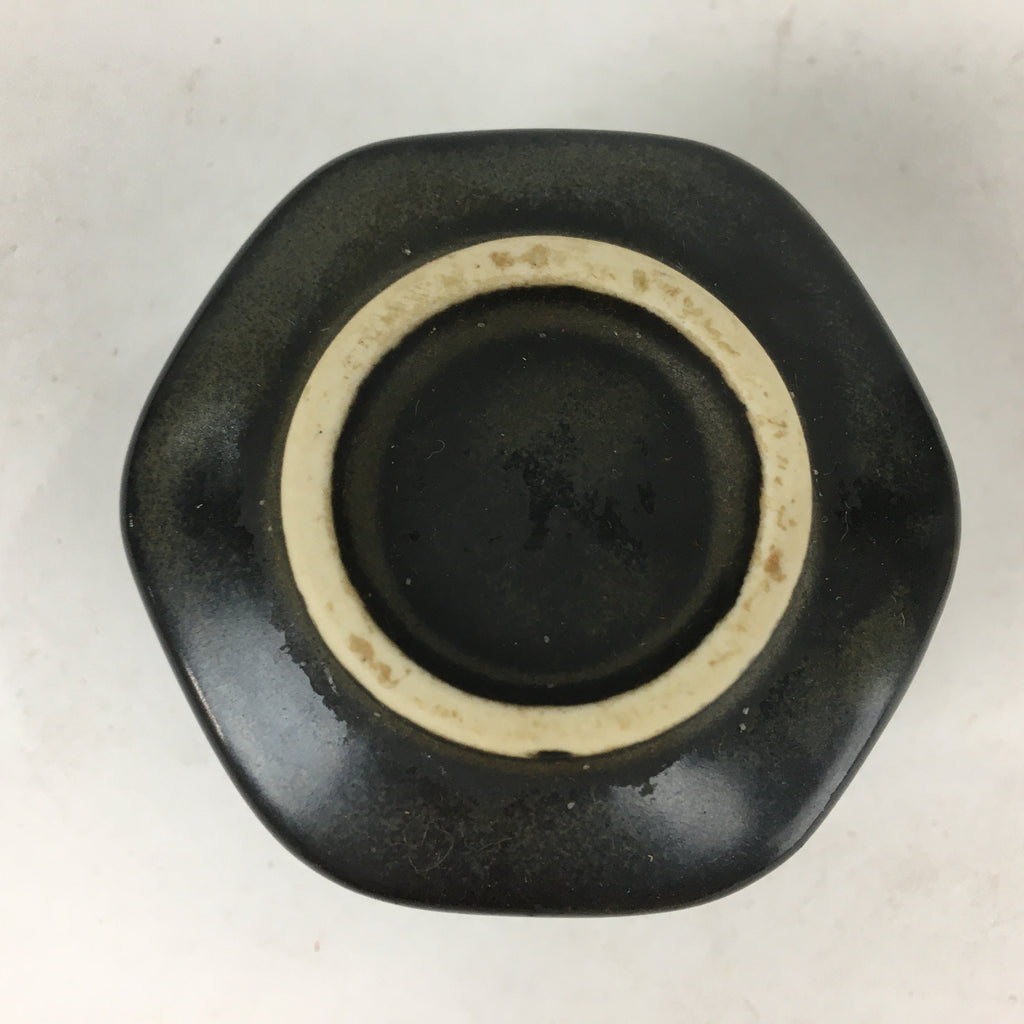 Japanese Ceramic Sake Cup Vtg Black Pottery Guinomi Sakazuki Ochoko Hexagon G6