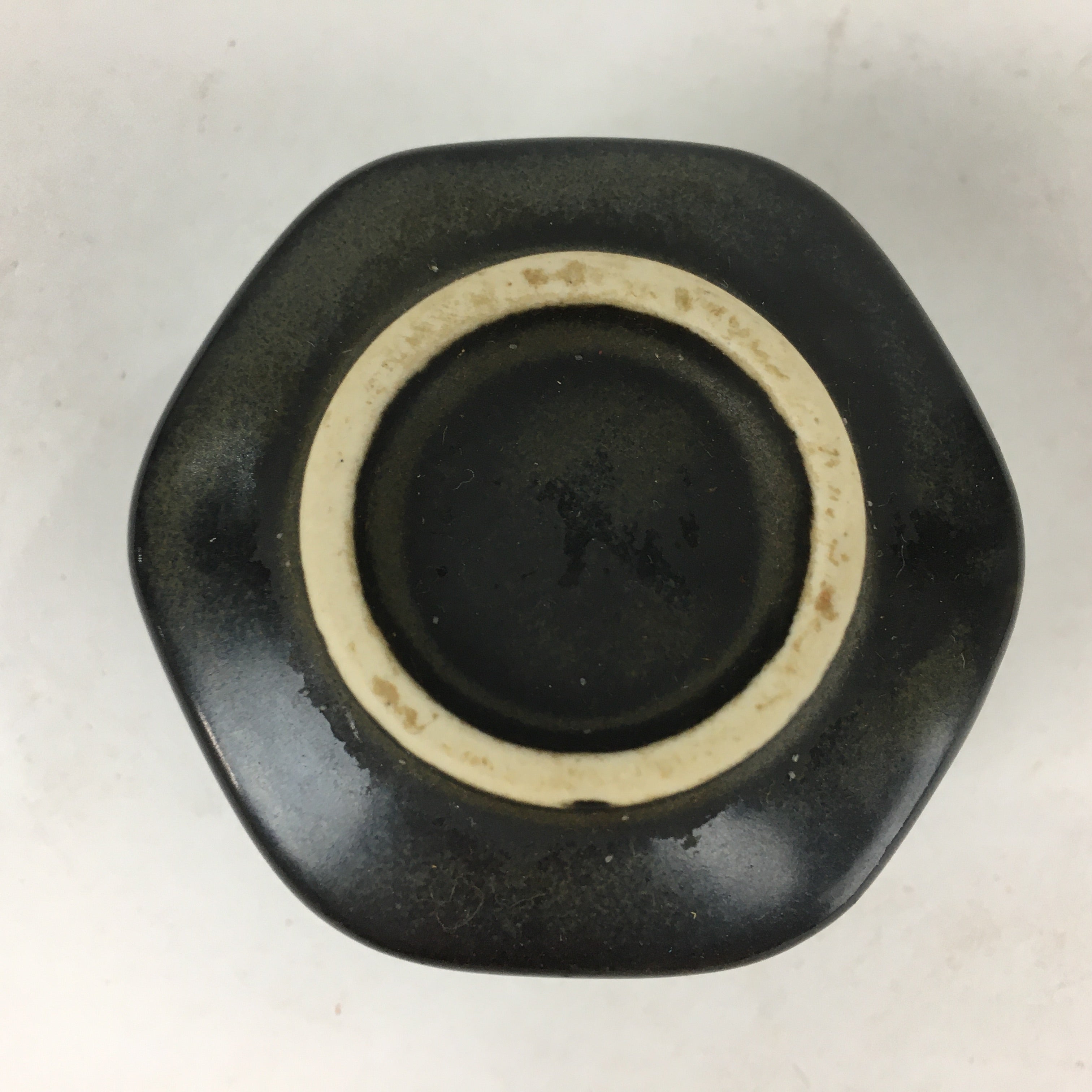 Japanese Ceramic Sake Cup Vtg Black Pottery Guinomi Sakazuki Ochoko Hexagon G6