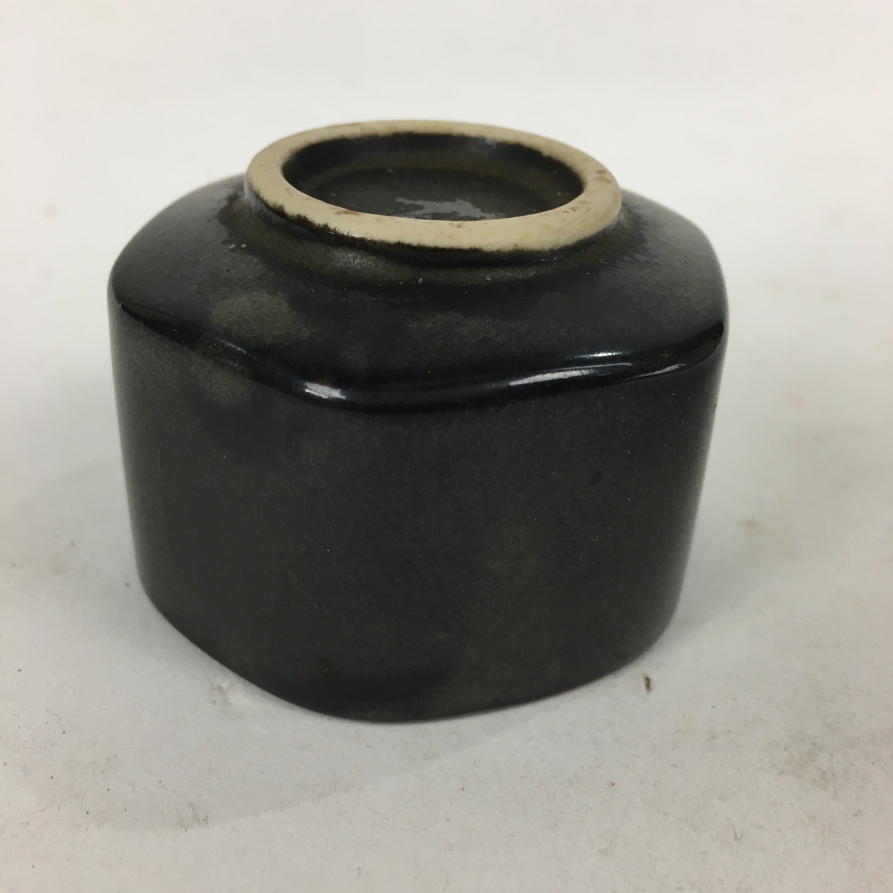 Japanese Ceramic Sake Cup Vtg Black Pottery Guinomi Sakazuki Ochoko Hexagon G6