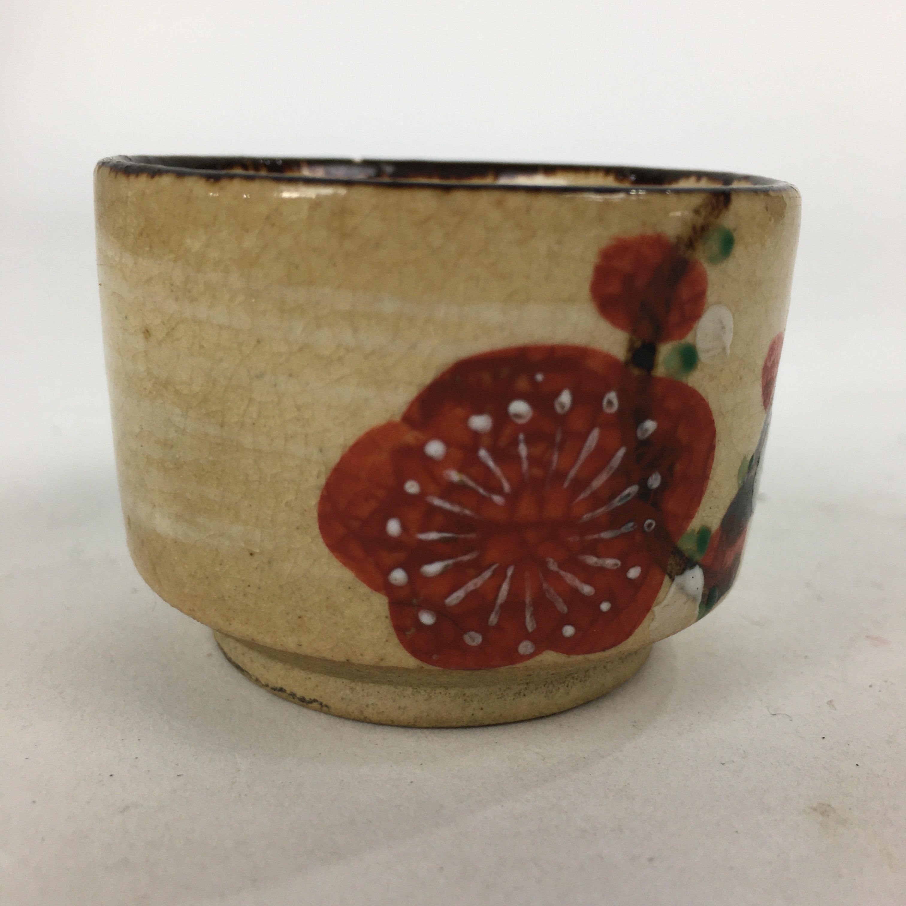 Japanese Ceramic Sake Cup Vtg Hand drawn Guinomi Sakazuki Ochoko Plum Blossom G7