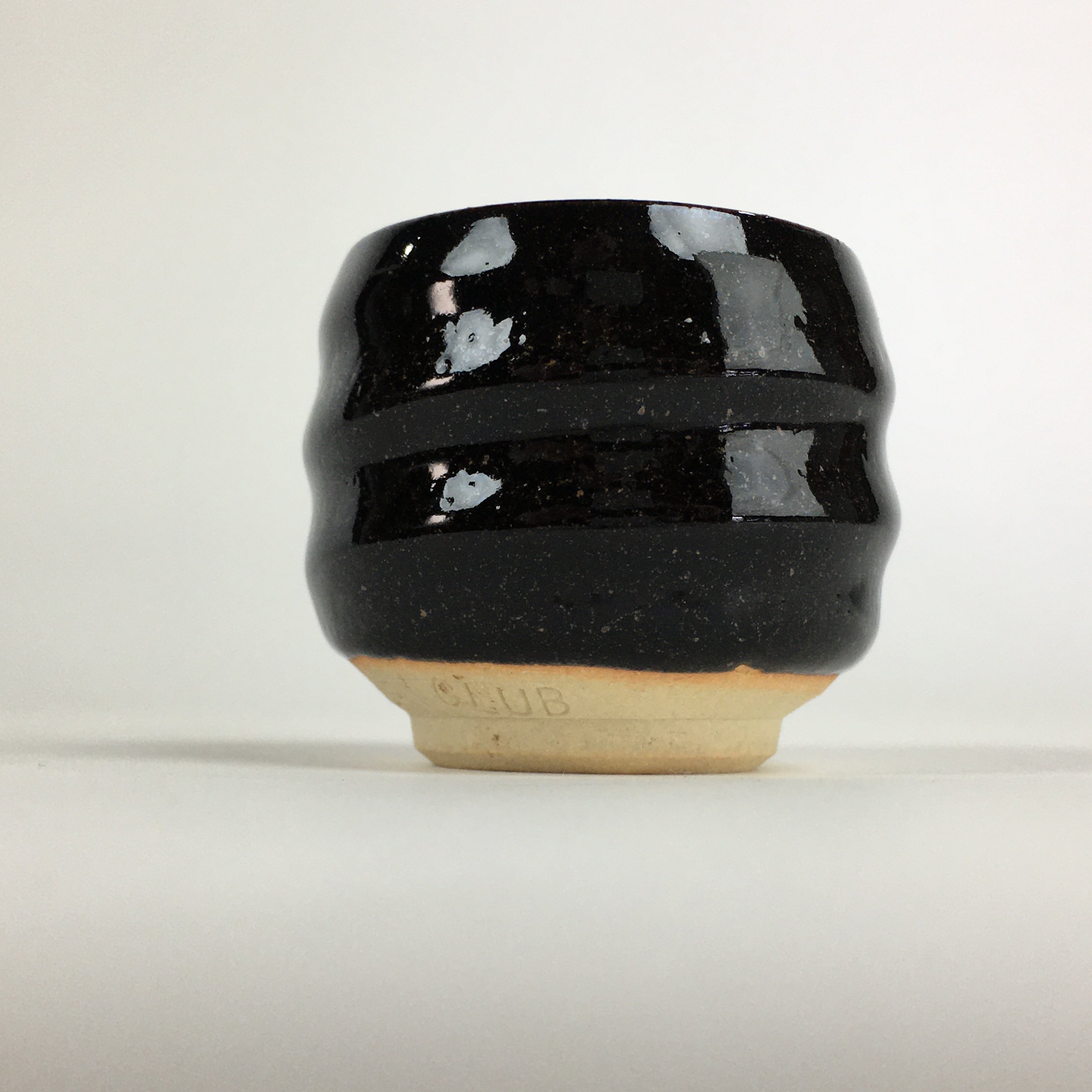 Japanese Ceramic Sake Cup Vtg Pottery Black Glaze Guinomi Ochoko G48