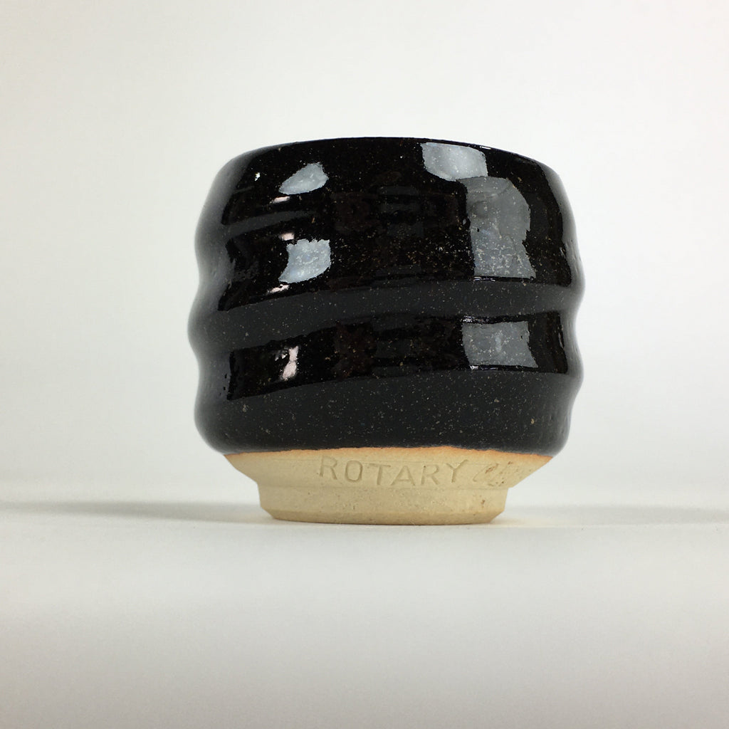 Japanese Ceramic Sake Cup Vtg Pottery Black Glaze Guinomi Ochoko G48