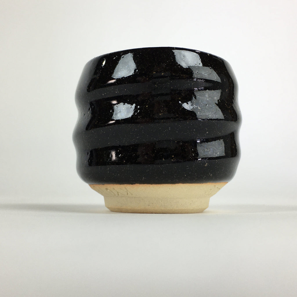 Japanese Ceramic Sake Cup Vtg Pottery Black Glaze Guinomi Ochoko G48