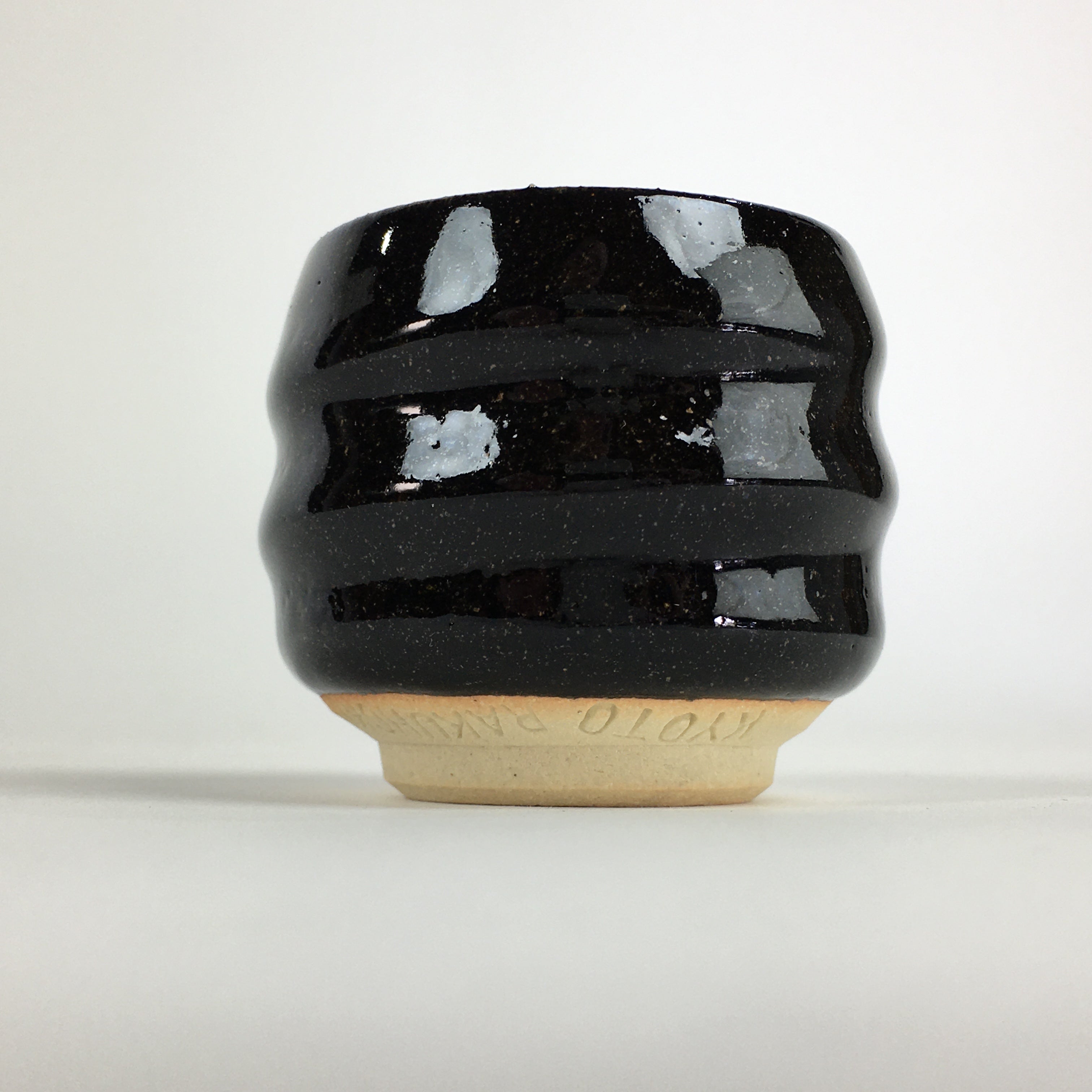 Japanese Ceramic Sake Cup Vtg Pottery Black Glaze Guinomi Ochoko G48