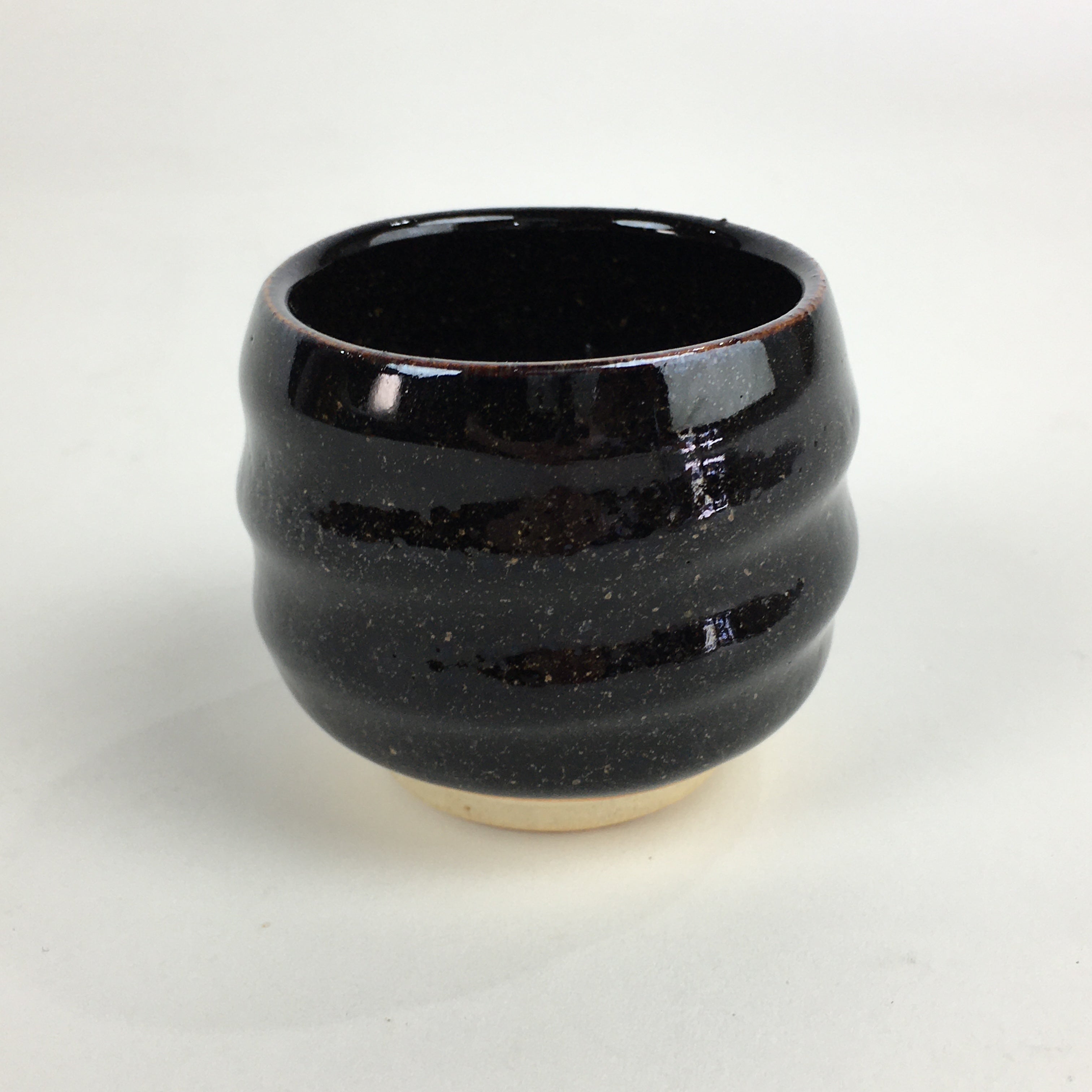 Japanese Ceramic Sake Cup Vtg Pottery Black Glaze Guinomi Ochoko G48