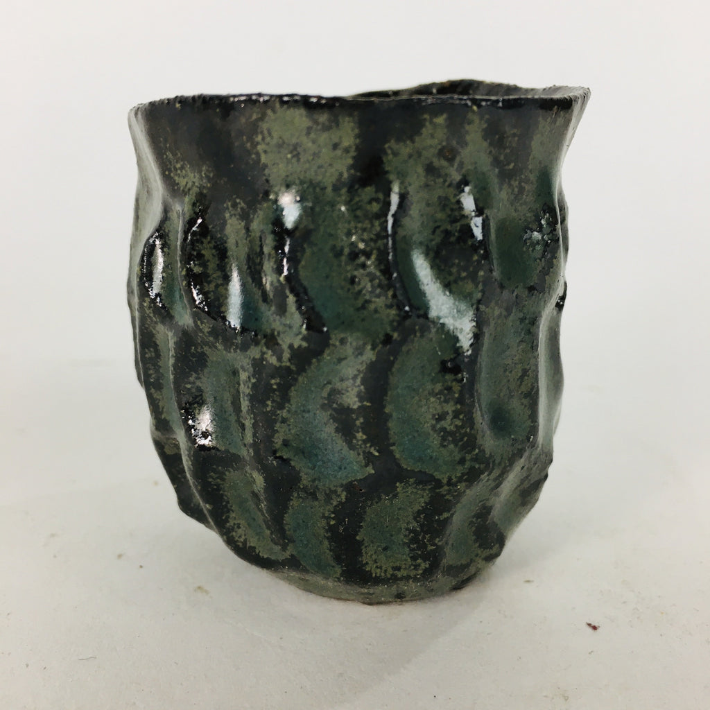 Japanese Ceramic Sake Cup Vtg Pottery Guinomi Ochoko Black Glaze Dimple GU916
