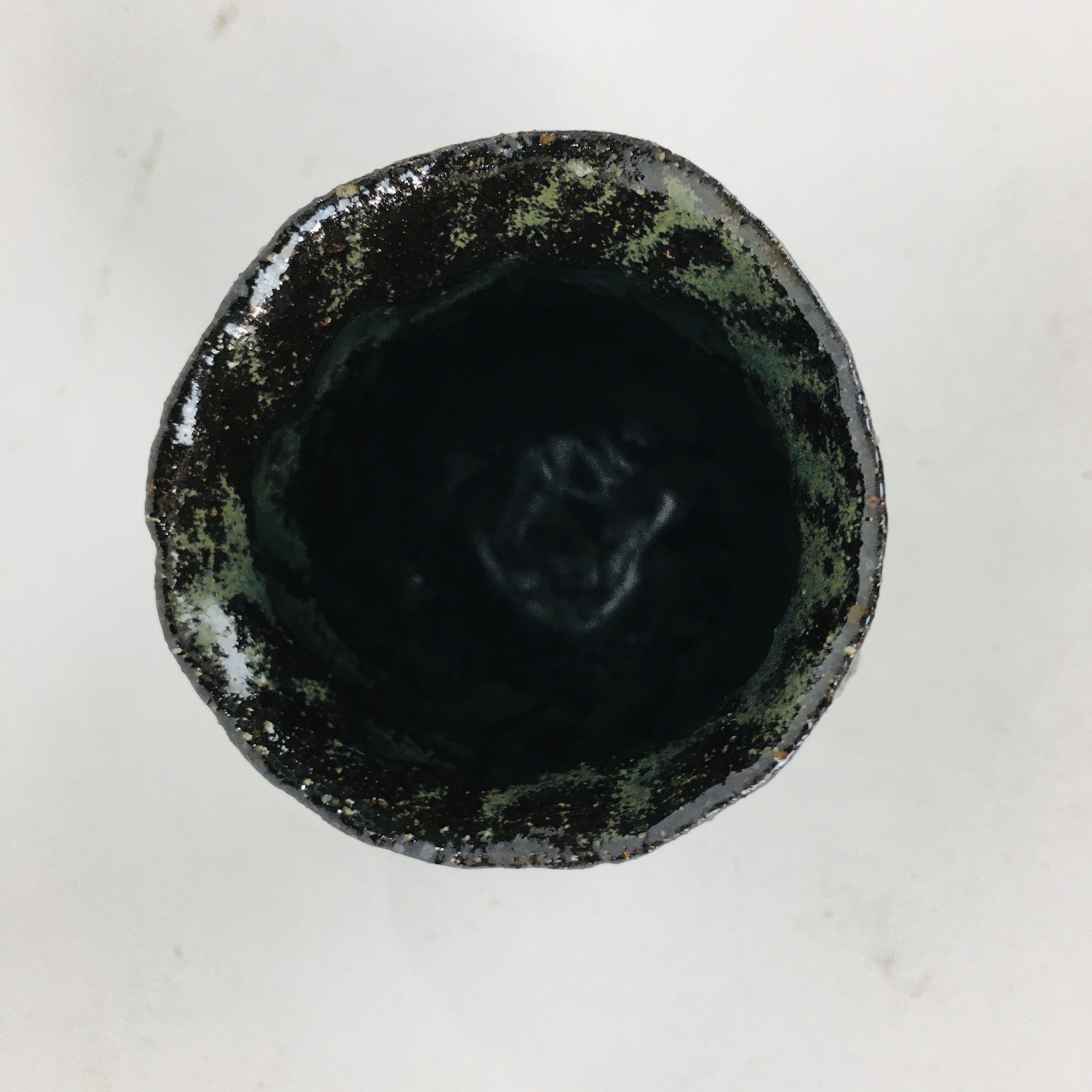 Japanese Ceramic Sake Cup Vtg Pottery Guinomi Ochoko Black Glaze Dimple GU916