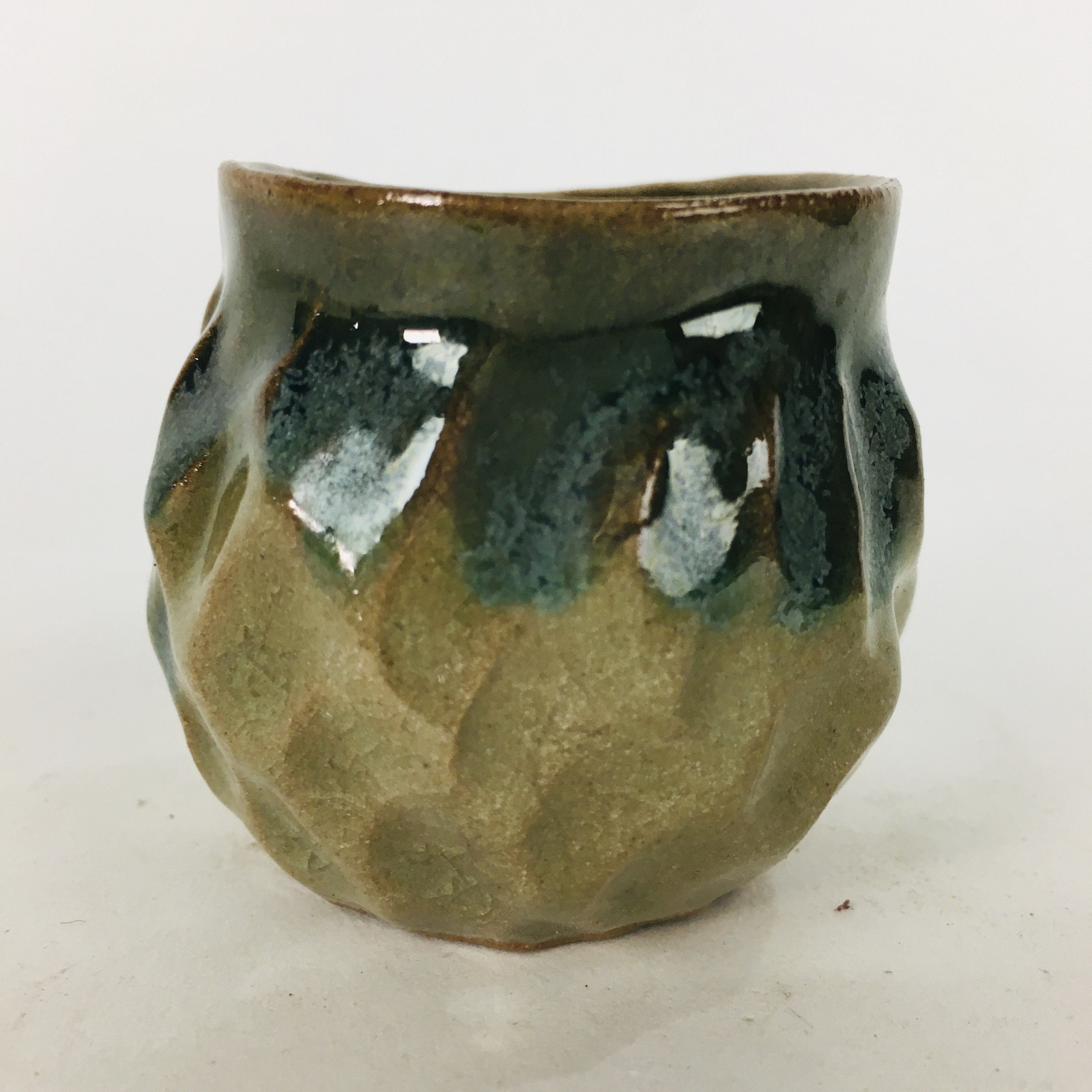 Japanese Ceramic Sake Cup Vtg Pottery Guinomi Ochoko Green Brown Dimple GU 917