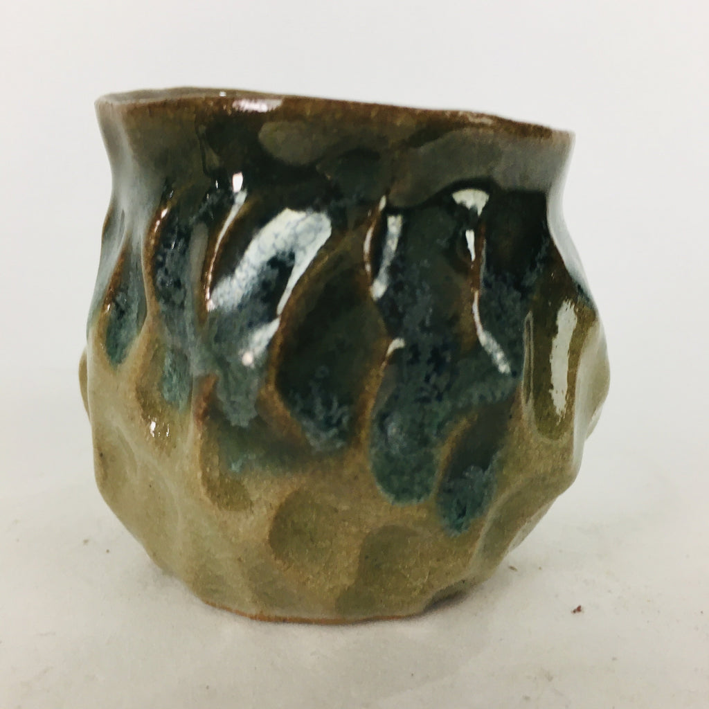 Japanese Ceramic Sake Cup Vtg Pottery Guinomi Ochoko Green Brown Dimple GU 917