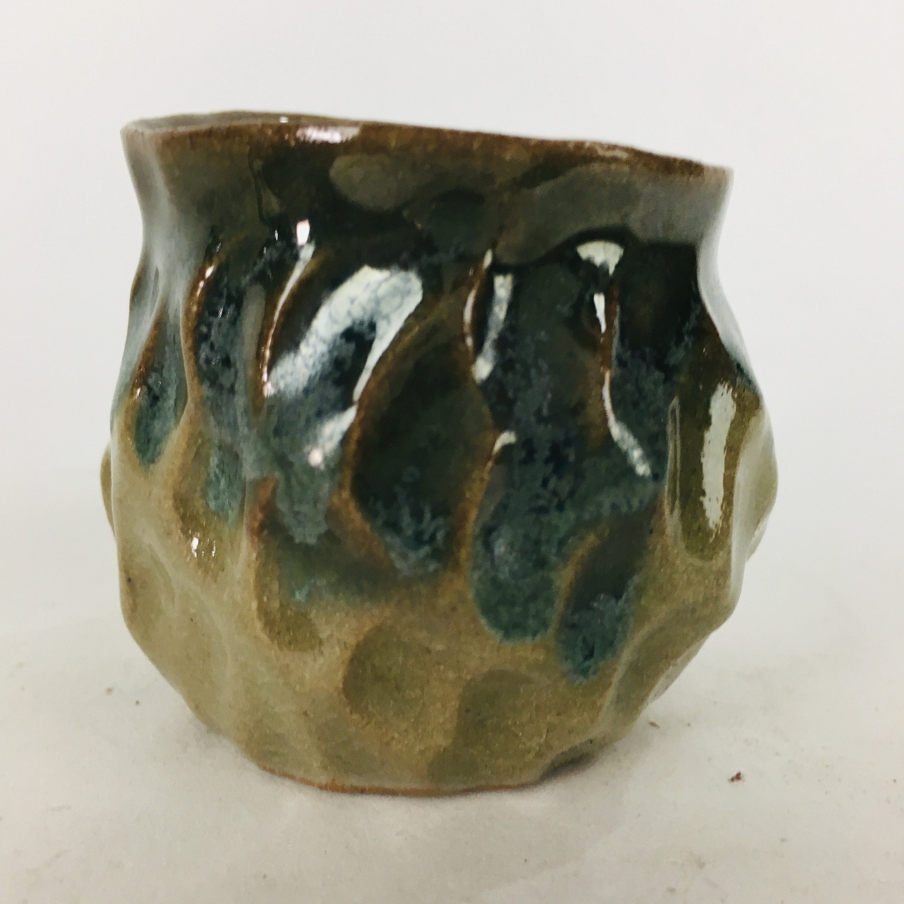 Japanese Ceramic Sake Cup Vtg Pottery Guinomi Ochoko Green Brown Dimple GU 917
