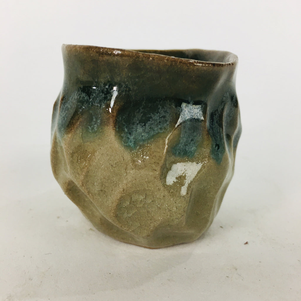 Japanese Ceramic Sake Cup Vtg Pottery Guinomi Ochoko Green Brown Dimple GU 917