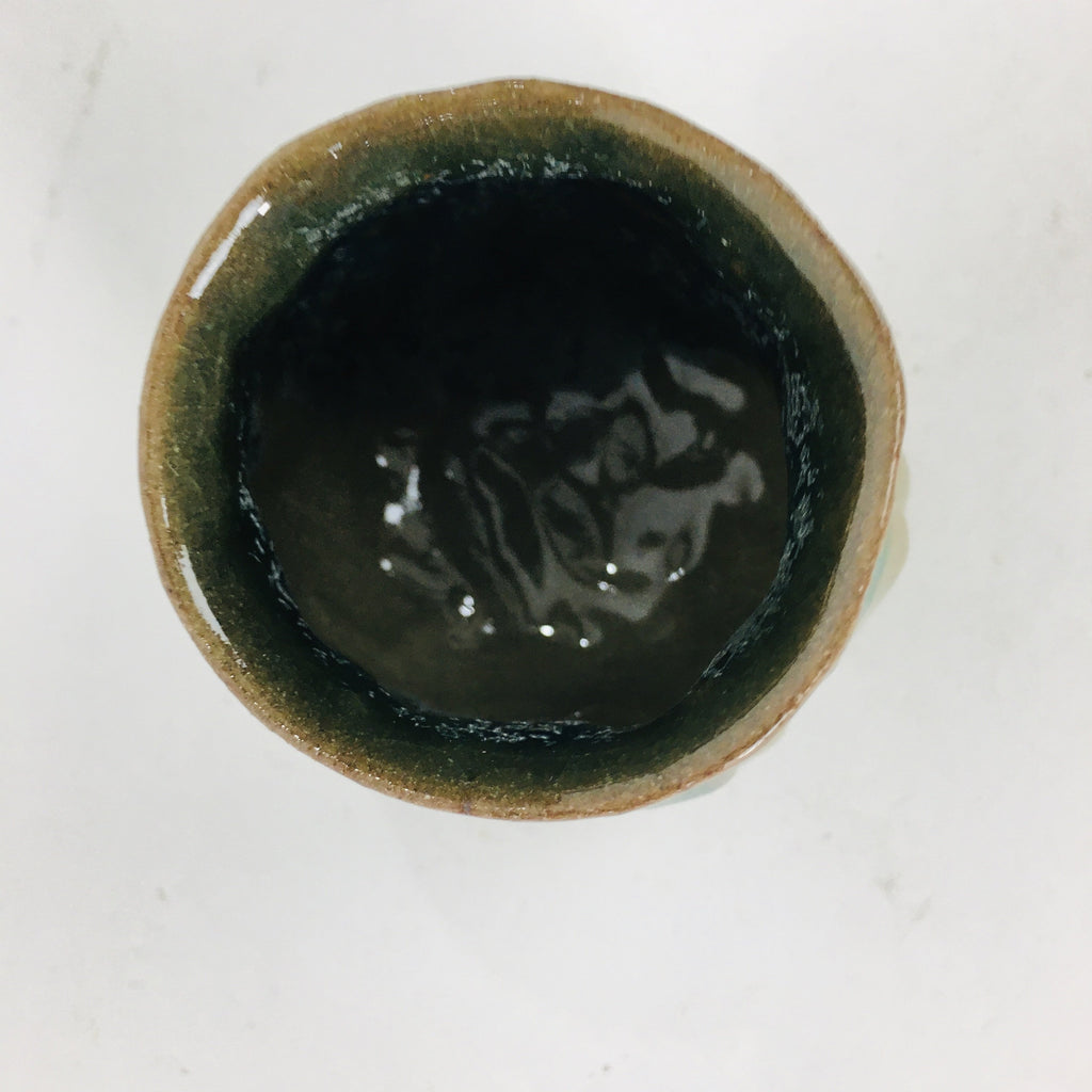 Japanese Ceramic Sake Cup Vtg Pottery Guinomi Ochoko Green Brown Dimple GU 917
