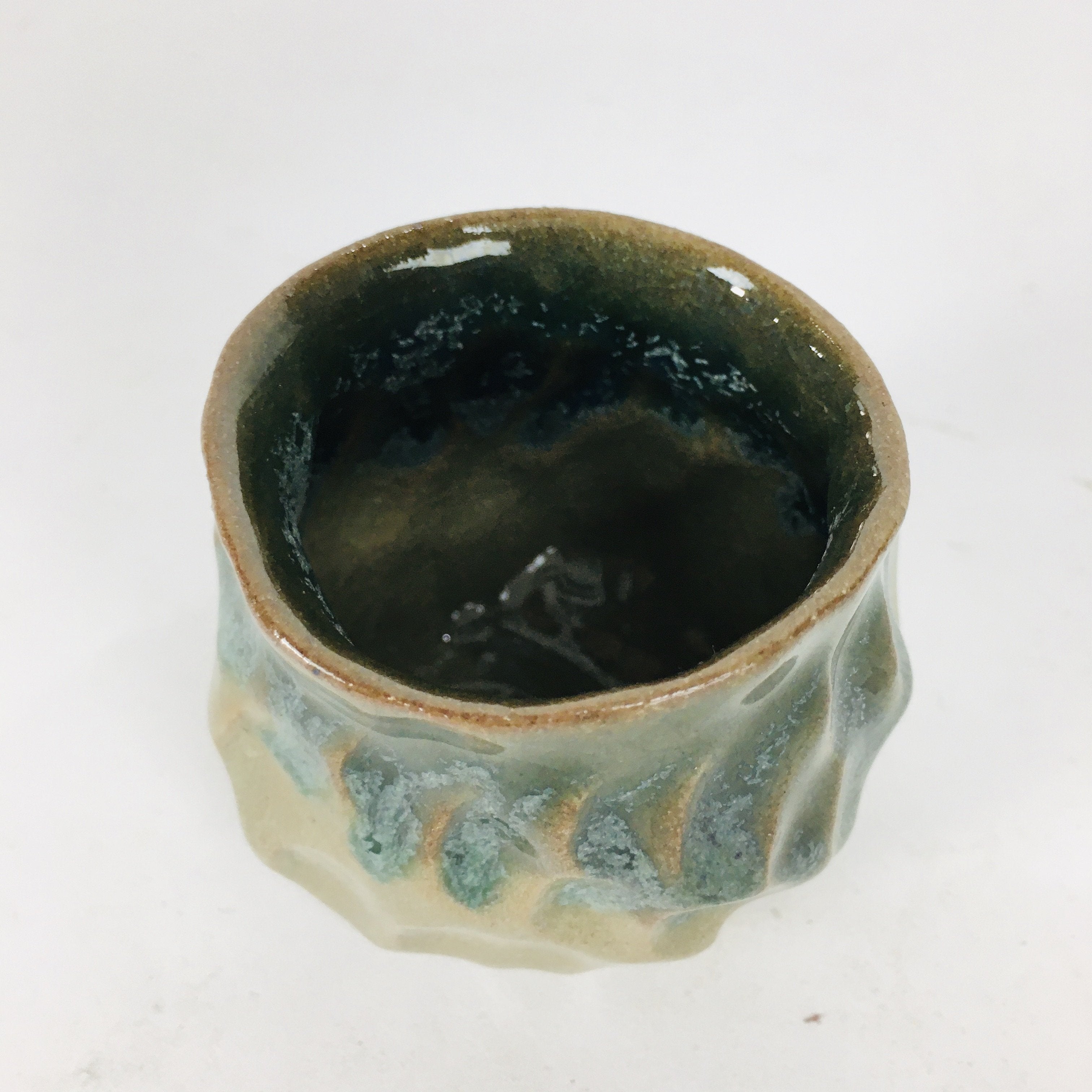 Japanese Ceramic Sake Cup Vtg Pottery Guinomi Ochoko Green Brown Dimple GU 917