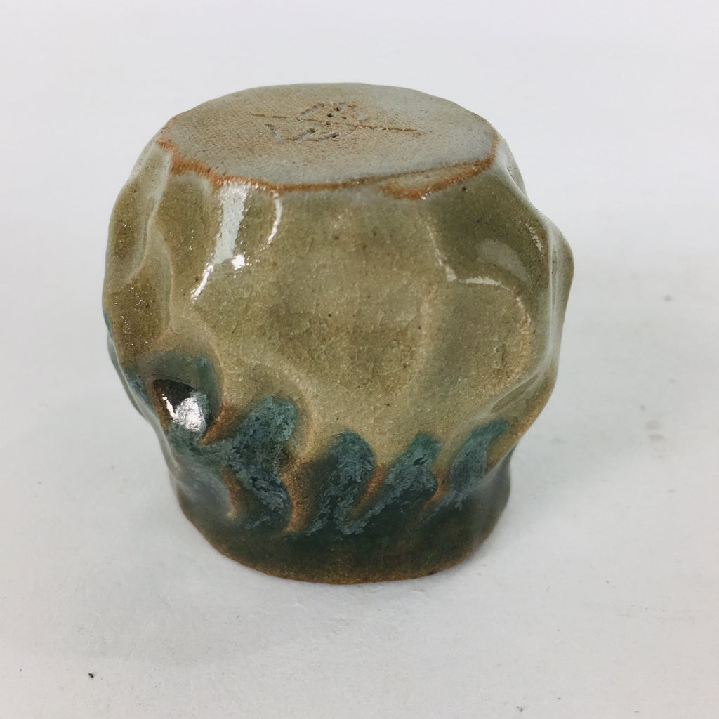 Japanese Ceramic Sake Cup Vtg Pottery Guinomi Ochoko Green Brown Dimple GU 917