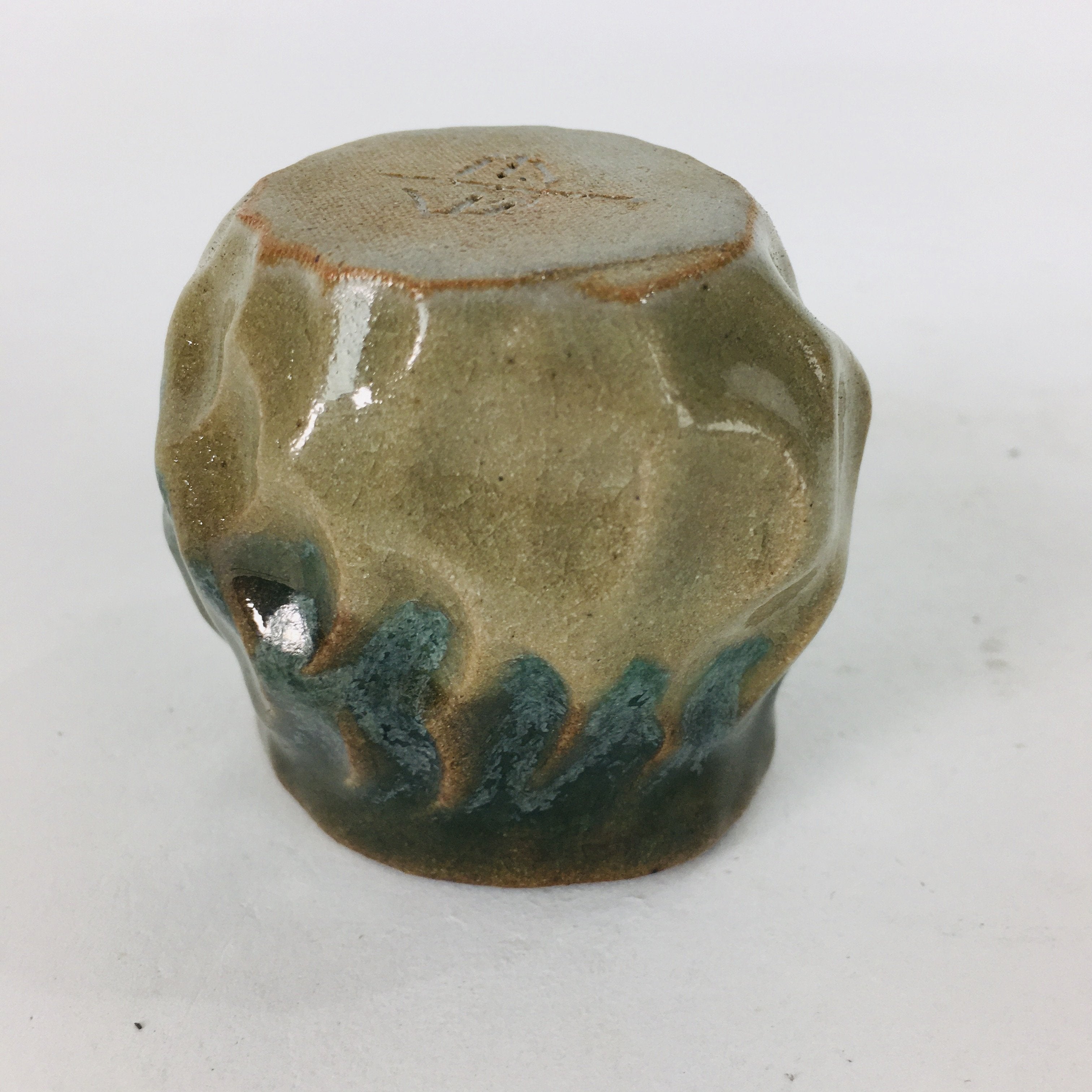Japanese Ceramic Sake Cup Vtg Pottery Guinomi Ochoko Green Brown Dimple GU 917