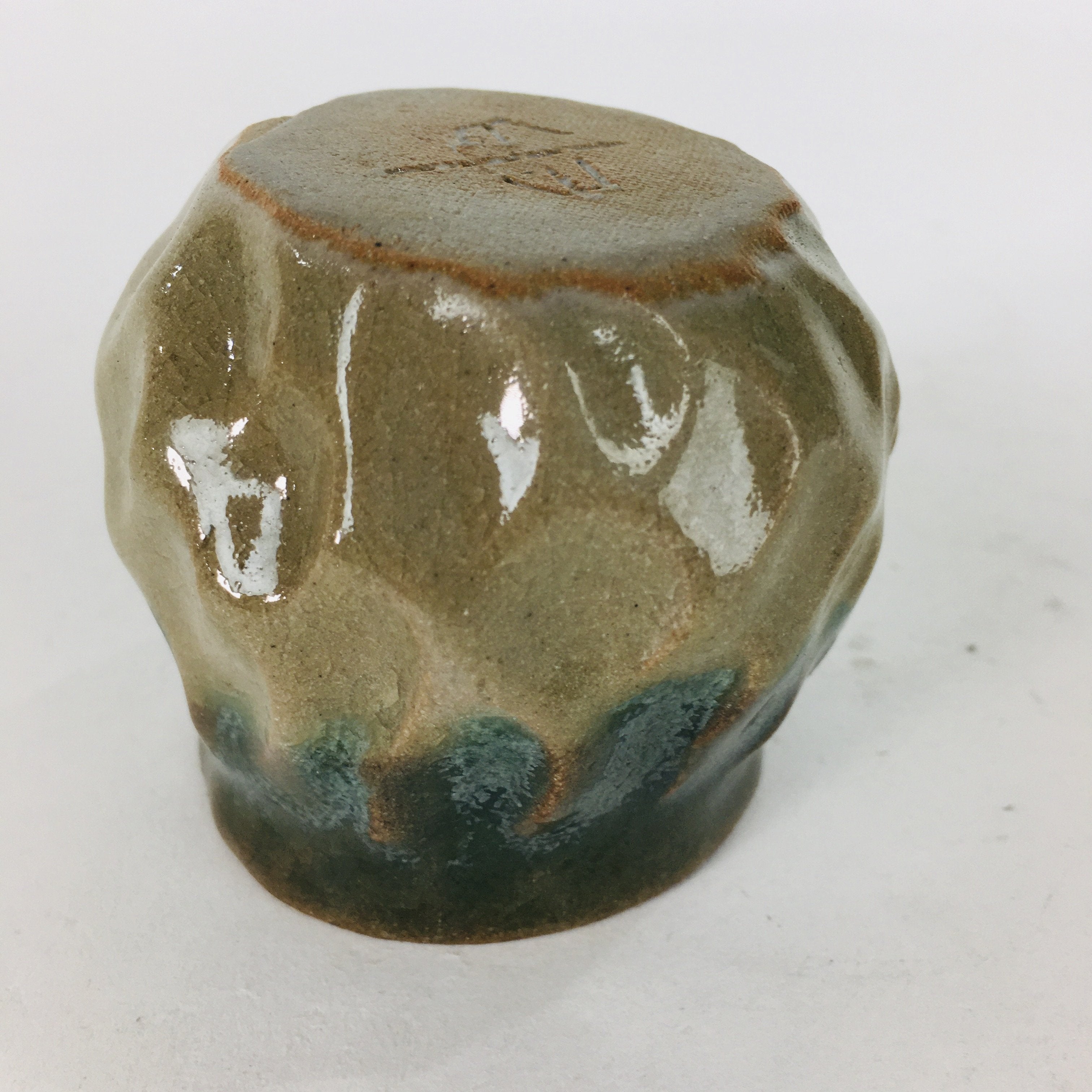 Japanese Ceramic Sake Cup Vtg Pottery Guinomi Ochoko Green Brown Dimple GU 917