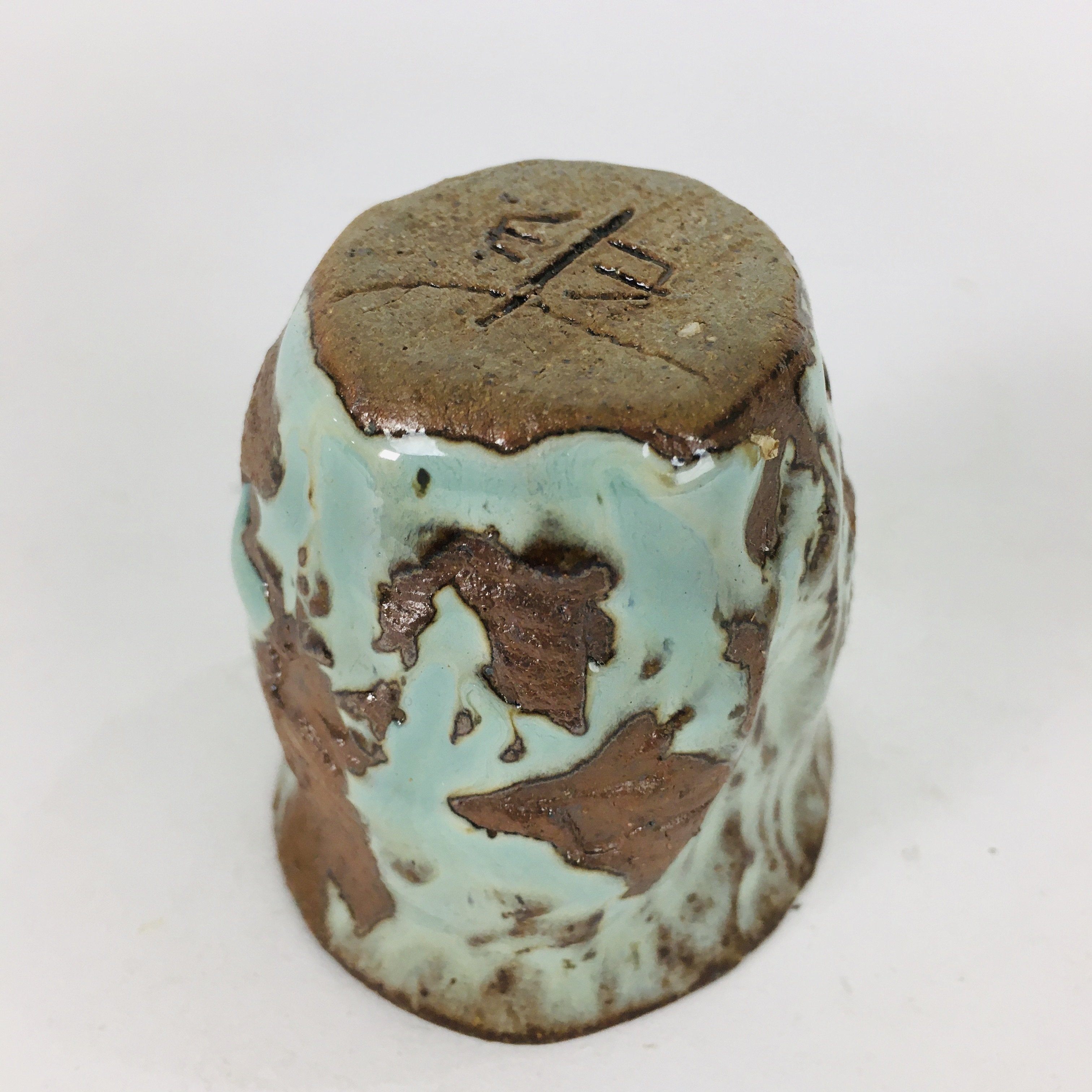 Japanese Ceramic Sake Cup Vtg Pottery Guinomi Ochoko Green Brown GU 919