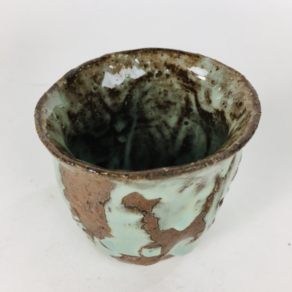 Japanese Ceramic Sake Cup Vtg Pottery Guinomi Ochoko Green Brown GU 919