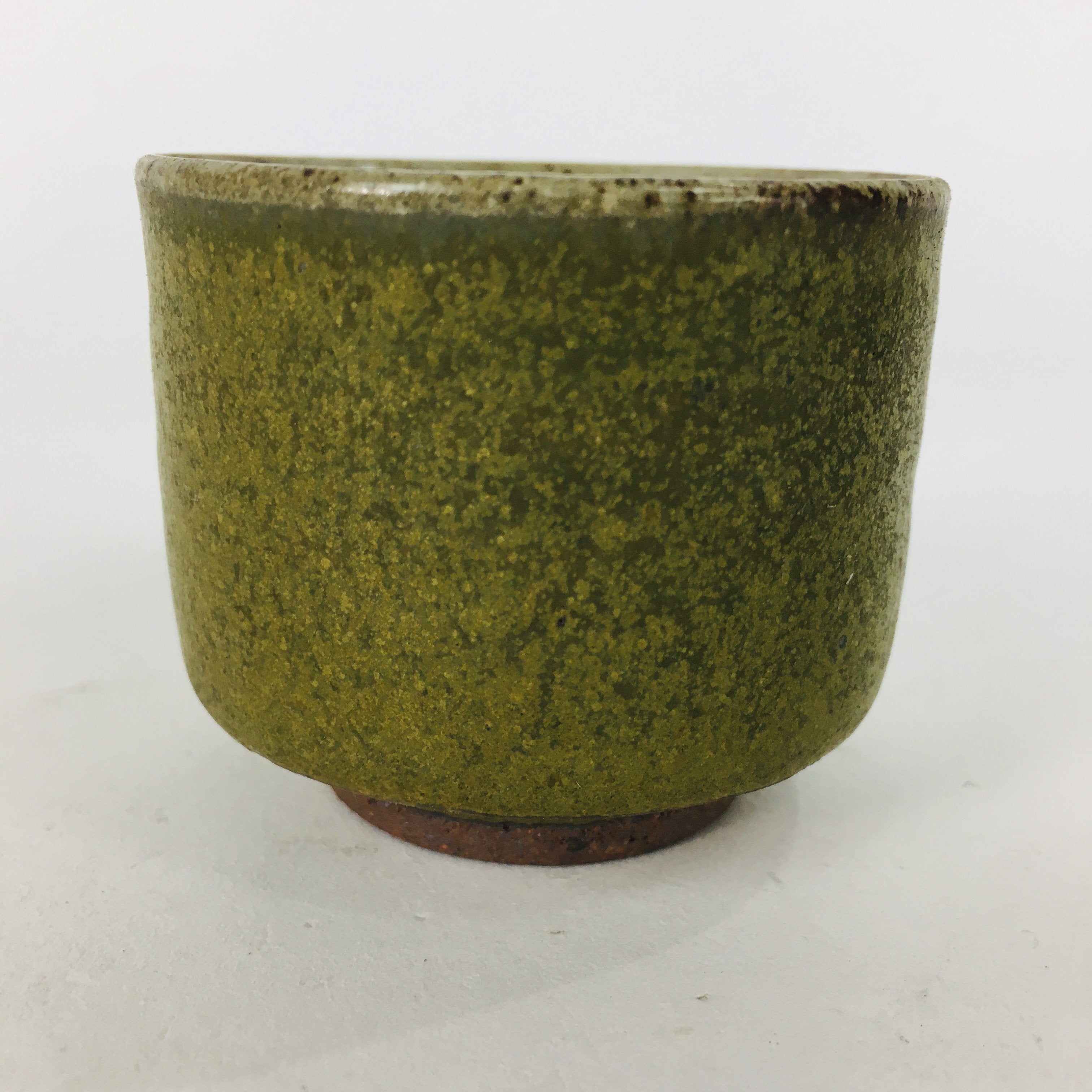 Japanese Ceramic Sake Cup Vtg Pottery Guinomi Ochoko Olive Green Glaze GU909