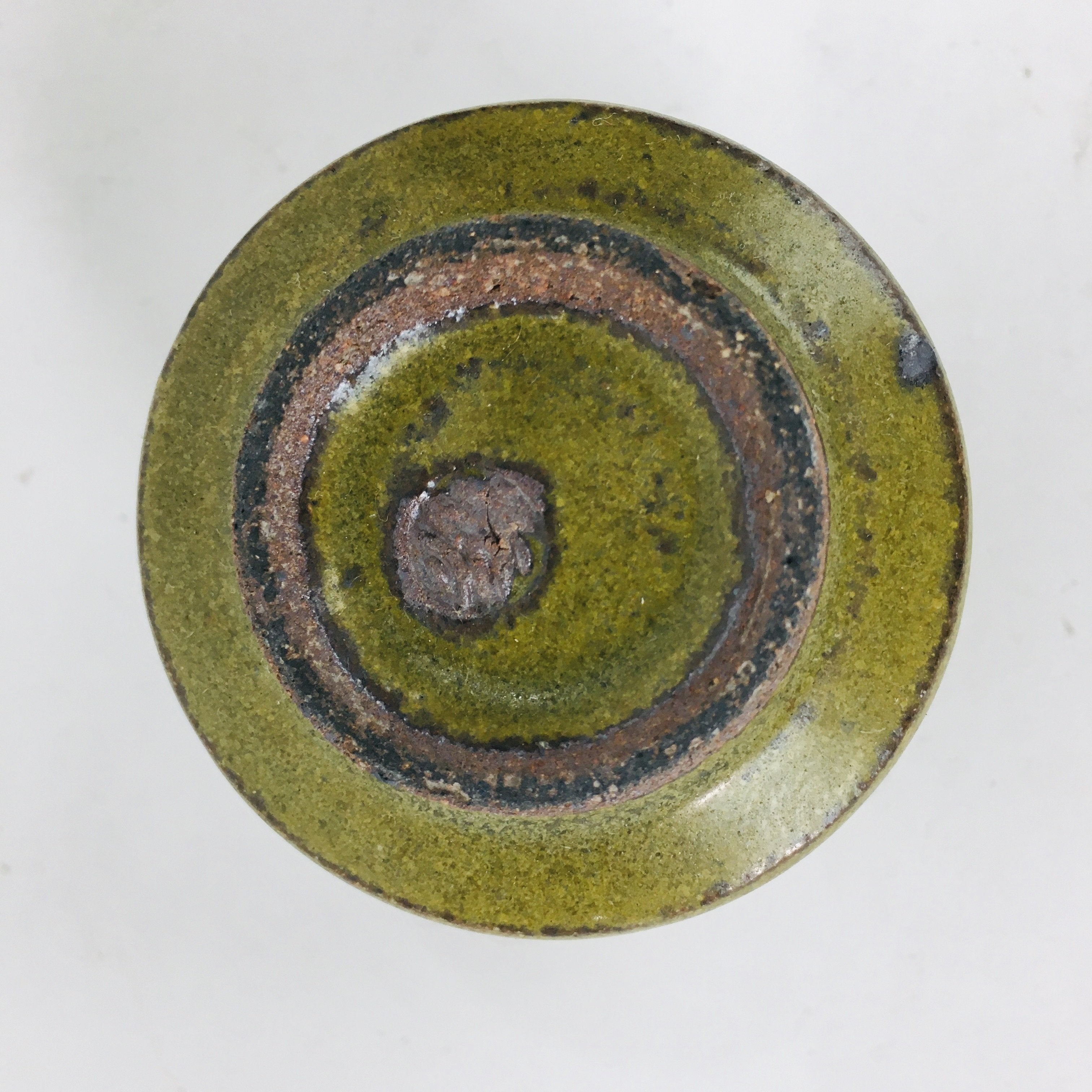 Japanese Ceramic Sake Cup Vtg Pottery Guinomi Ochoko Olive Green Glaze GU909