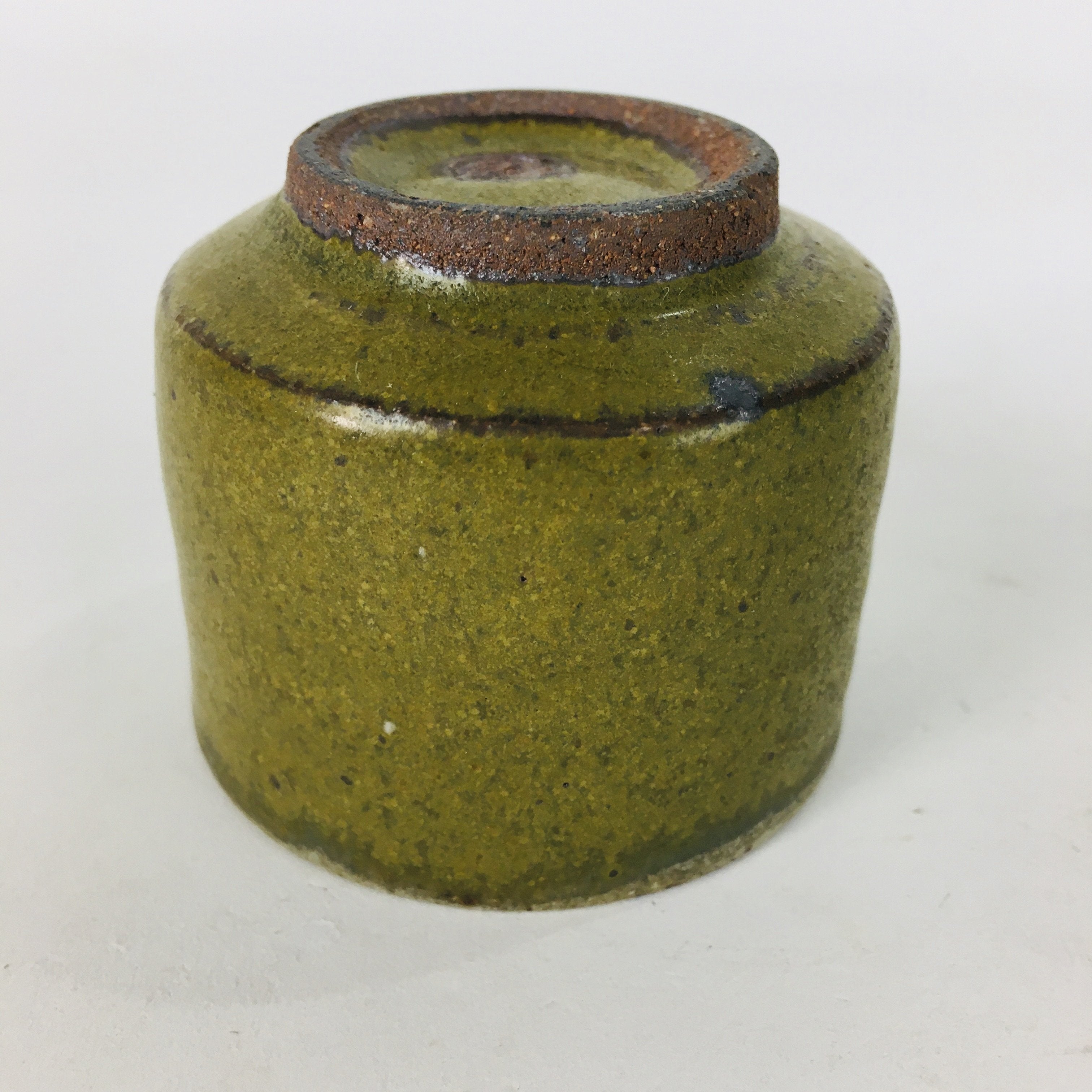 Japanese Ceramic Sake Cup Vtg Pottery Guinomi Ochoko Olive Green Glaze GU909