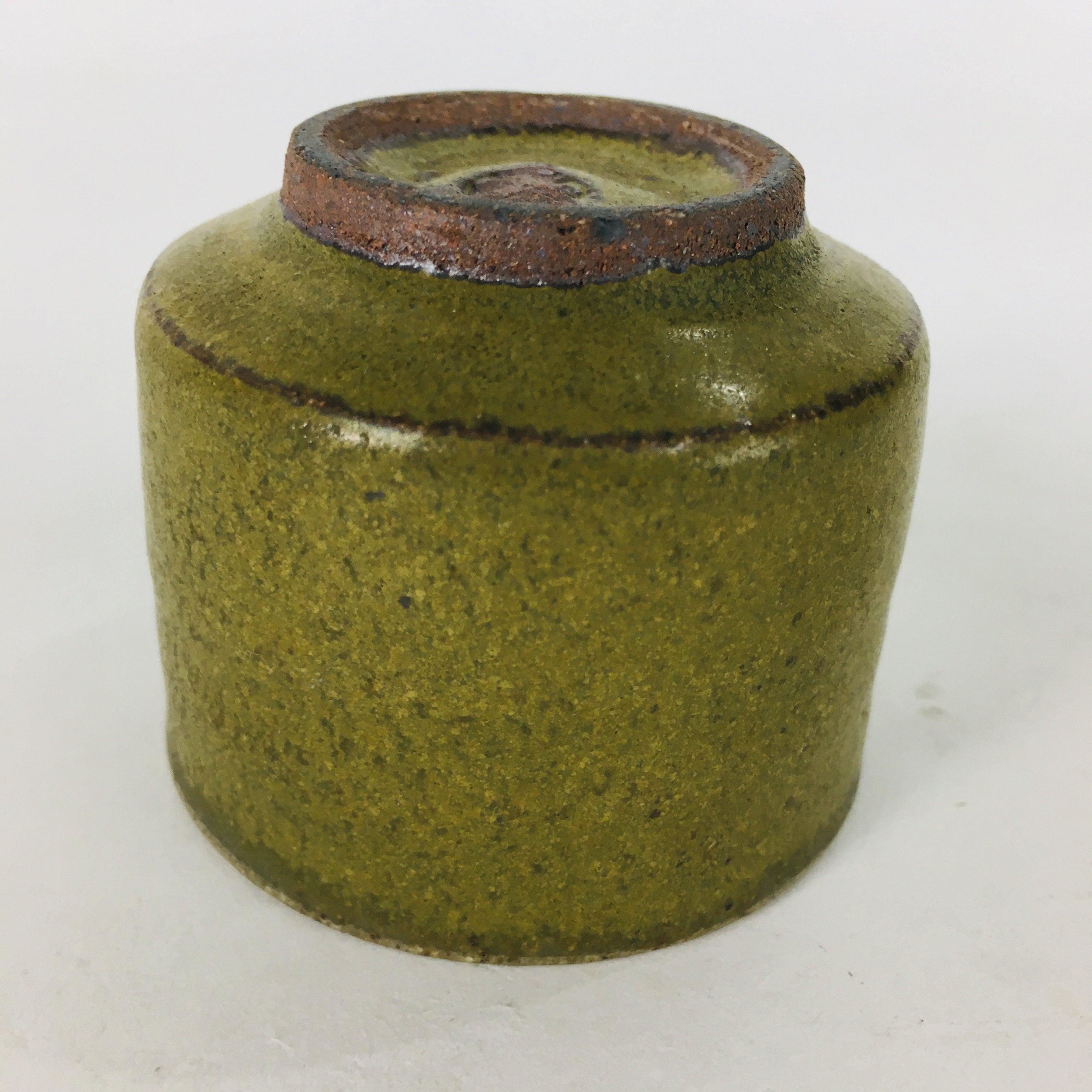 Japanese Ceramic Sake Cup Vtg Pottery Guinomi Ochoko Olive Green Glaze GU909