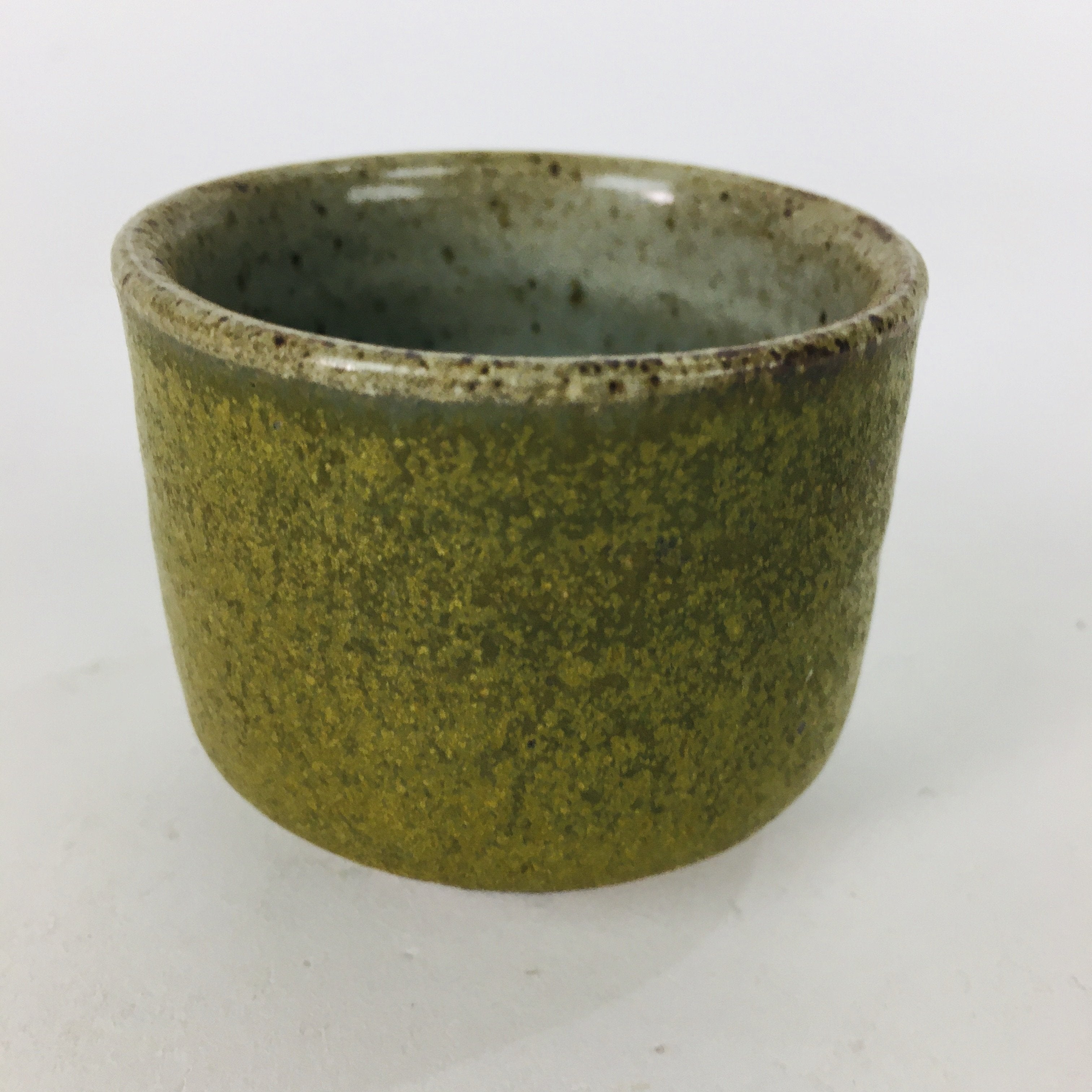Japanese Ceramic Sake Cup Vtg Pottery Guinomi Ochoko Olive Green Glaze GU909