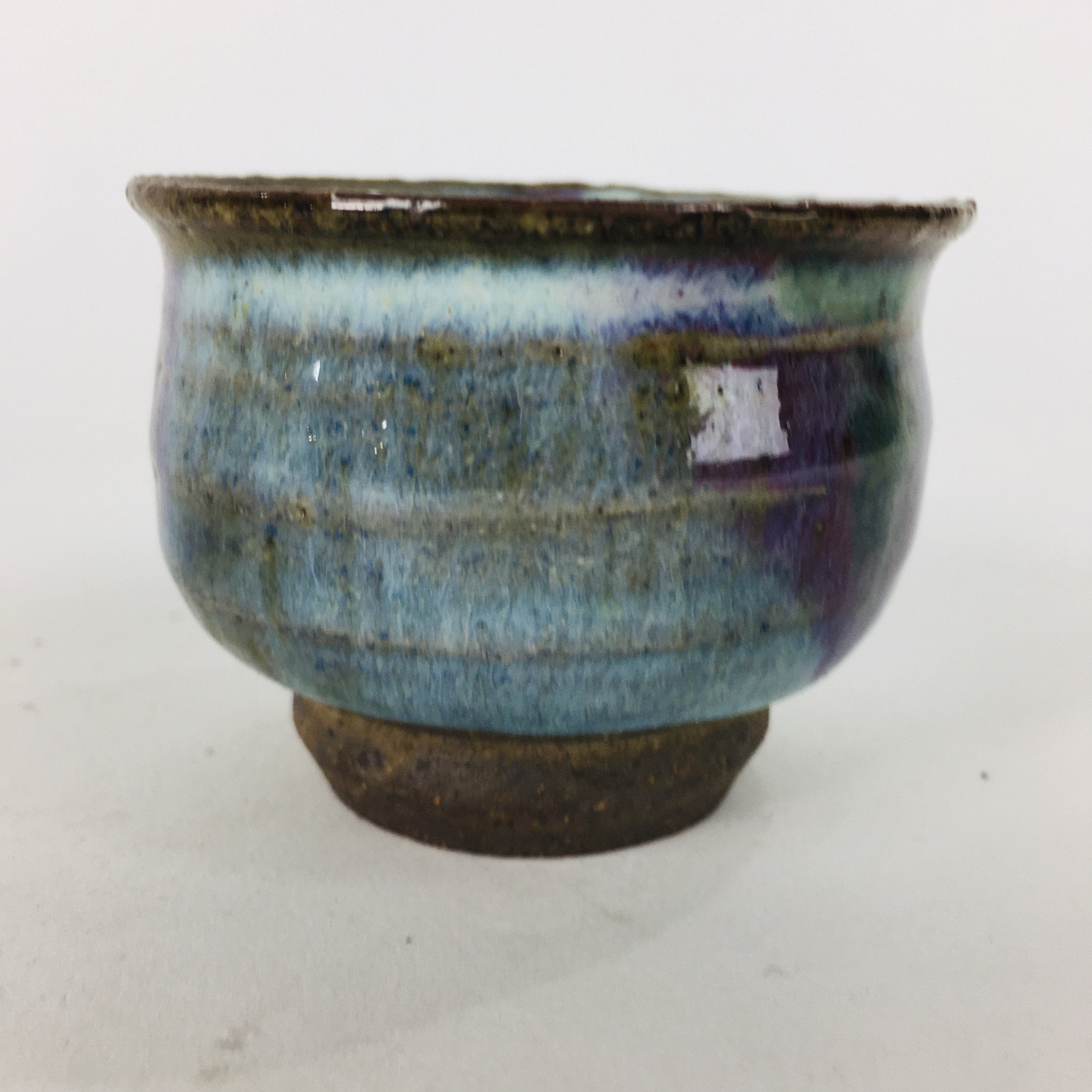 Japanese Ceramic Sake Cup Vtg Pottery Guinomi Ochoko blue Purple Glaze GU910