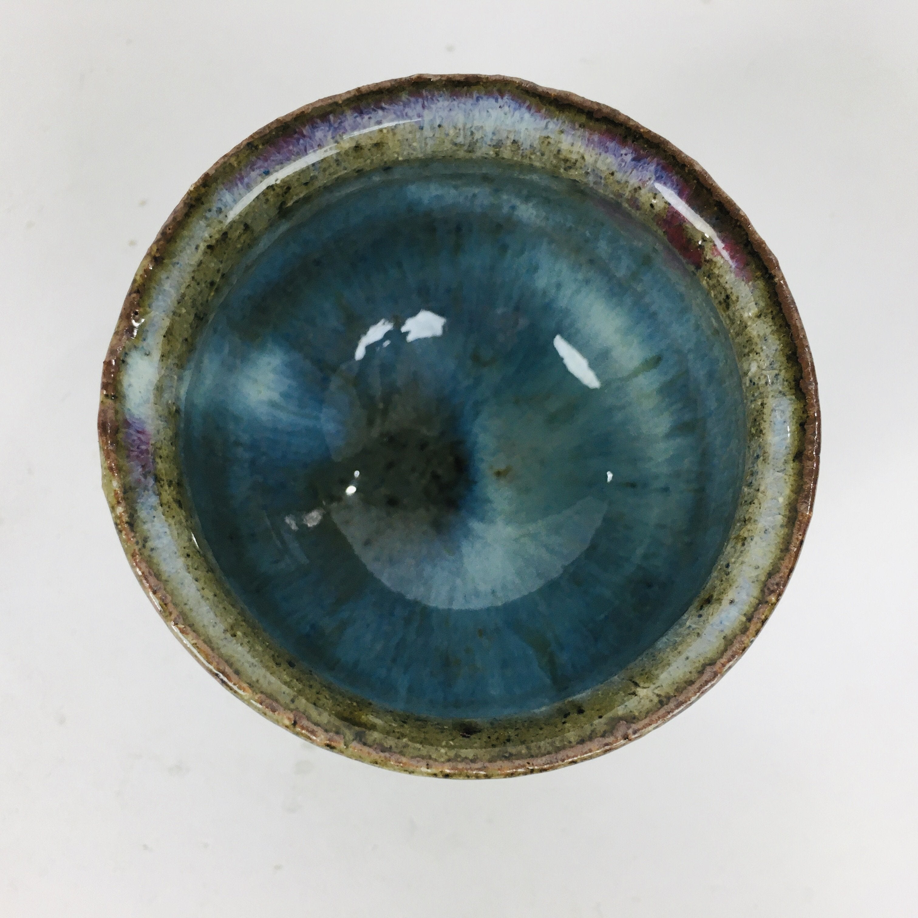 Japanese Ceramic Sake Cup Vtg Pottery Guinomi Ochoko blue Purple Glaze GU910