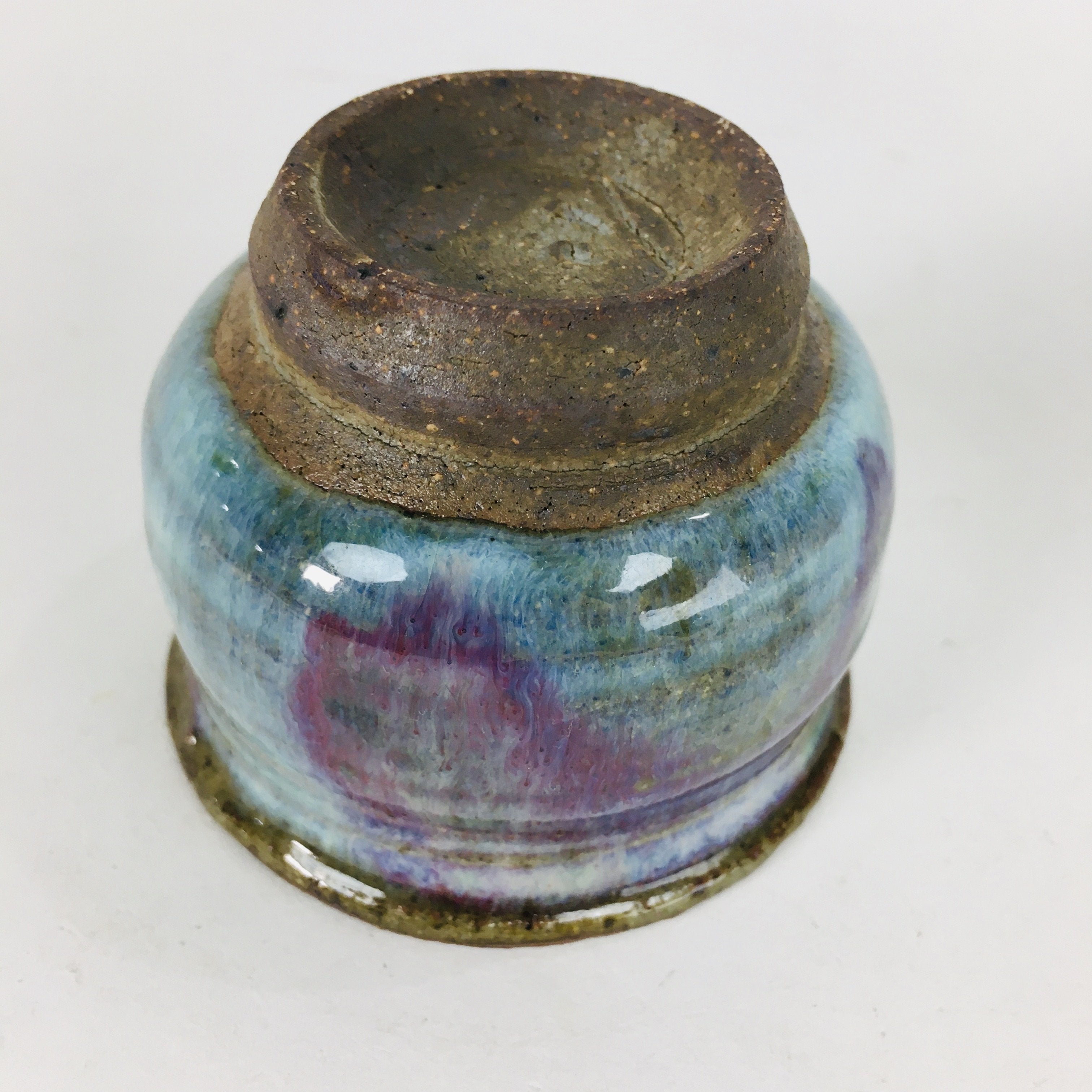 Japanese Ceramic Sake Cup Vtg Pottery Guinomi Ochoko blue Purple Glaze GU910