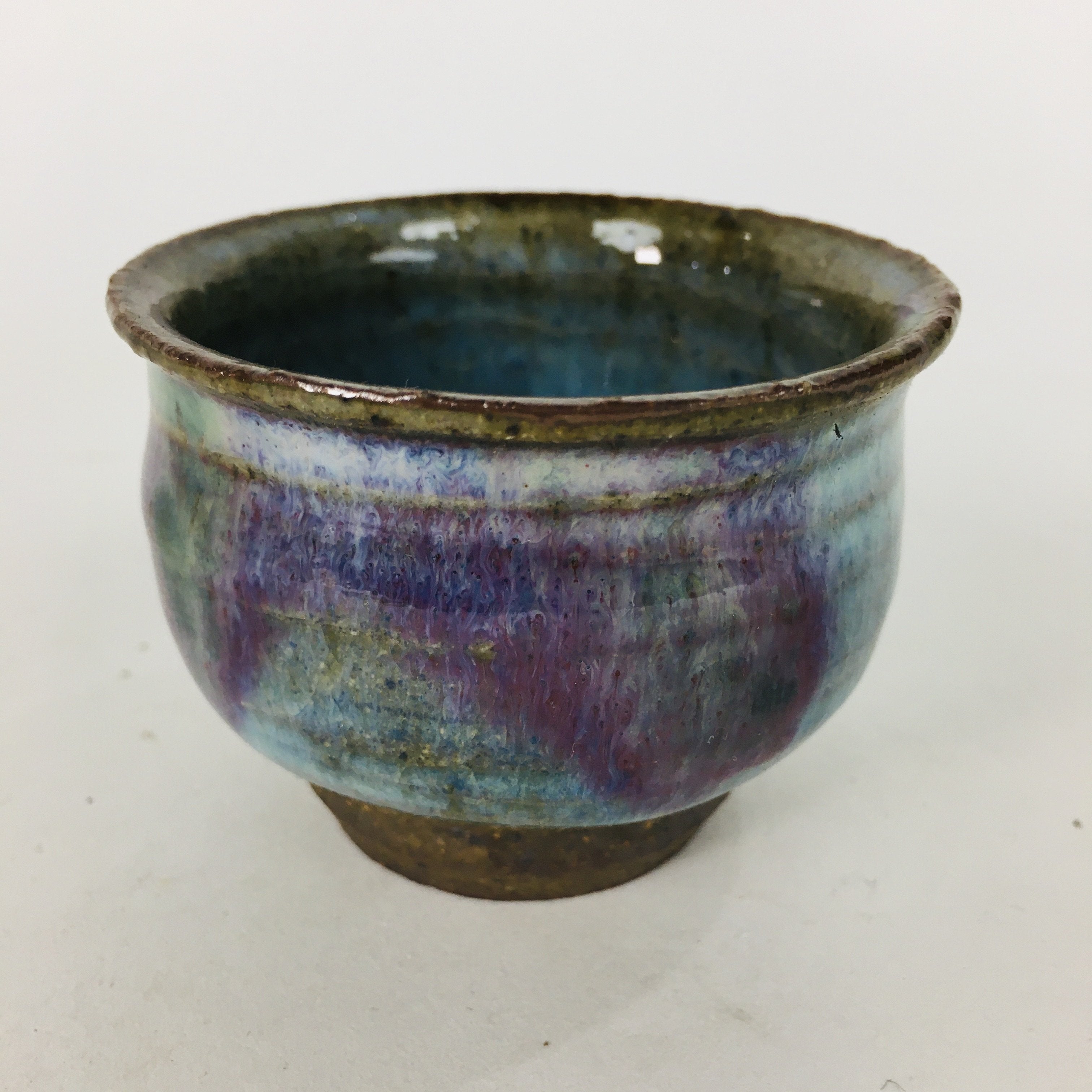 Japanese Ceramic Sake Cup Vtg Pottery Guinomi Ochoko blue Purple Glaze GU910