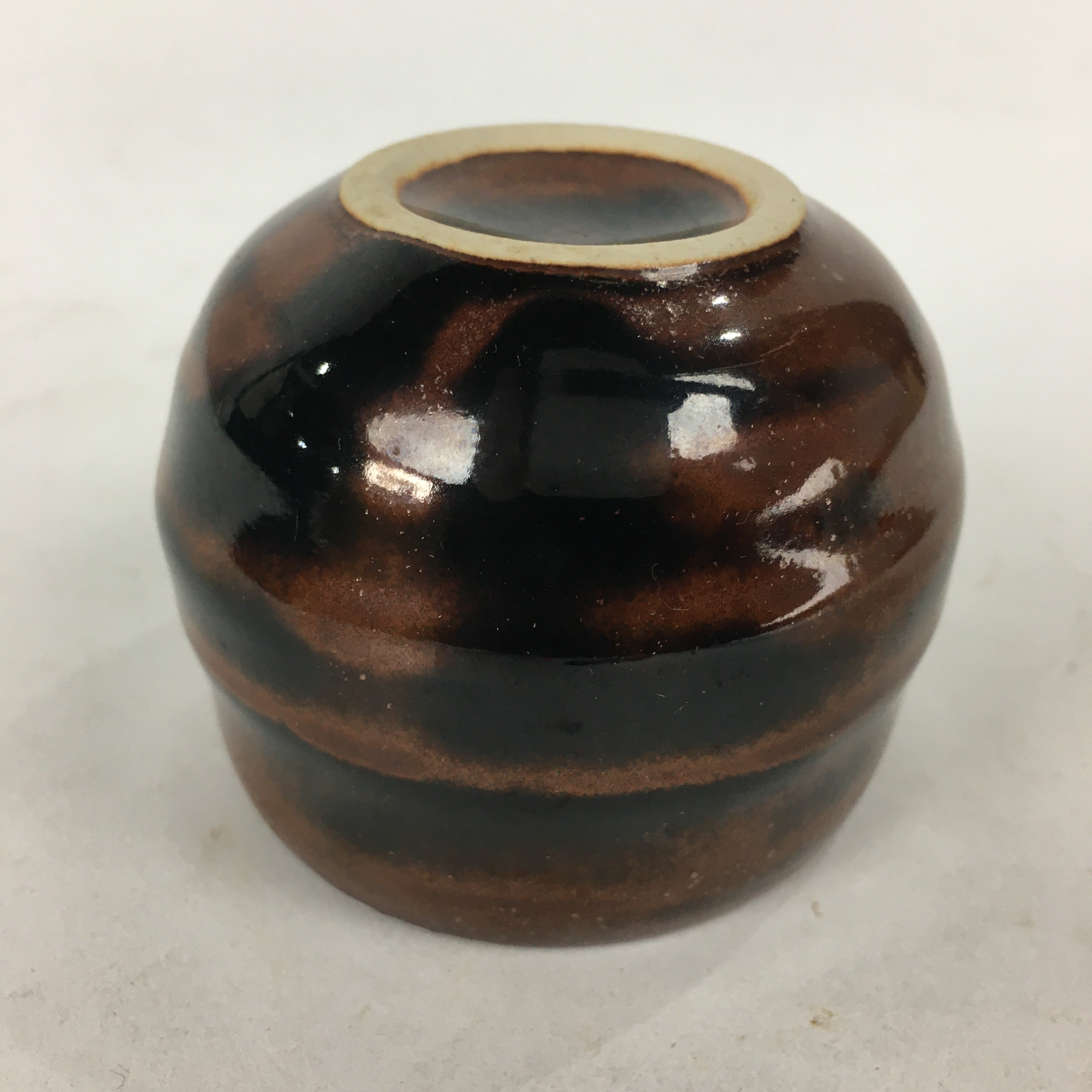 Japanese Ceramic Sake Cup Vtg Pottery Guinomi Sakazuki Ochoko Brown Stripe G4