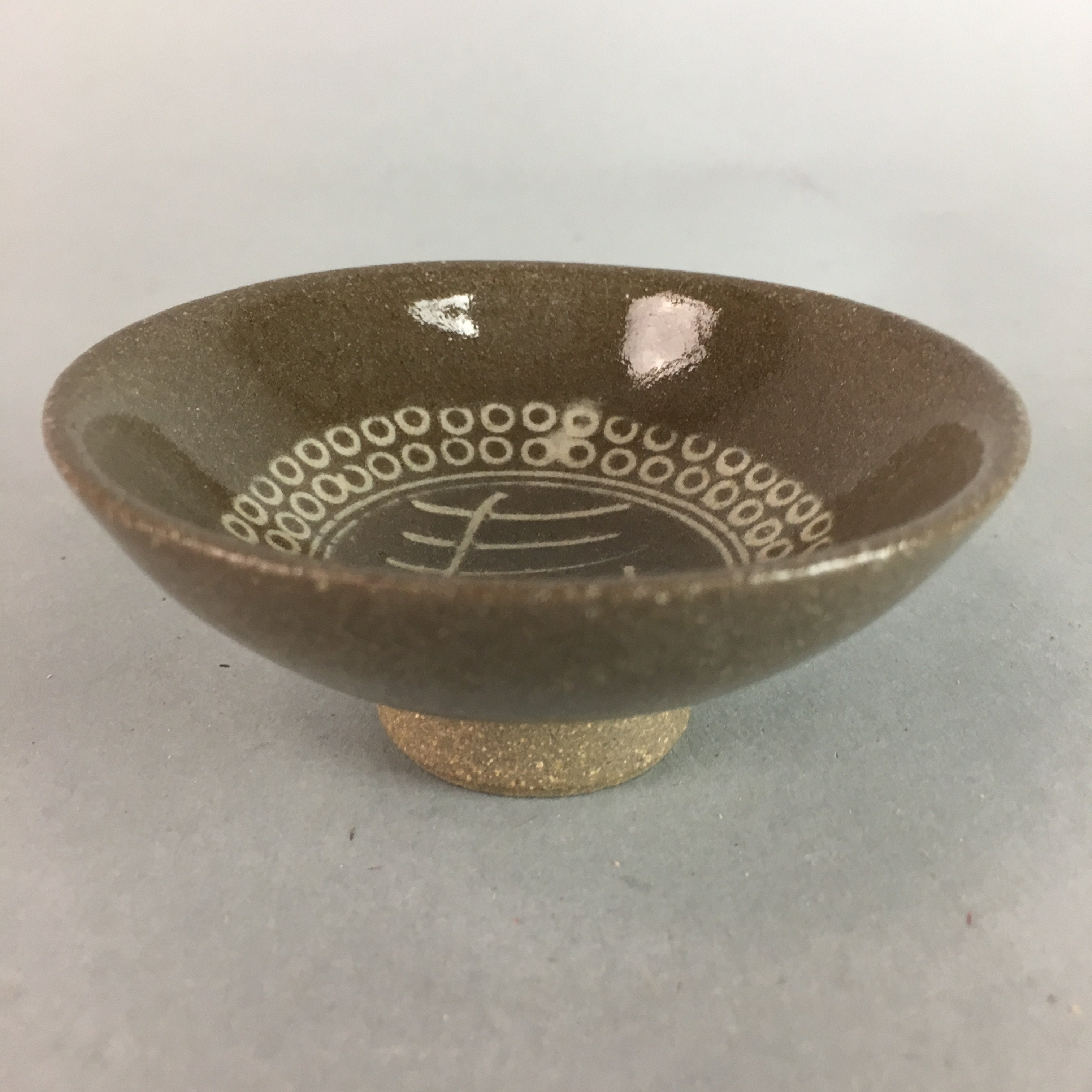 Japanese Ceramic Sake Cup Vtg Pottery Kanji Dot Design Guinomi Sakazuki GU469