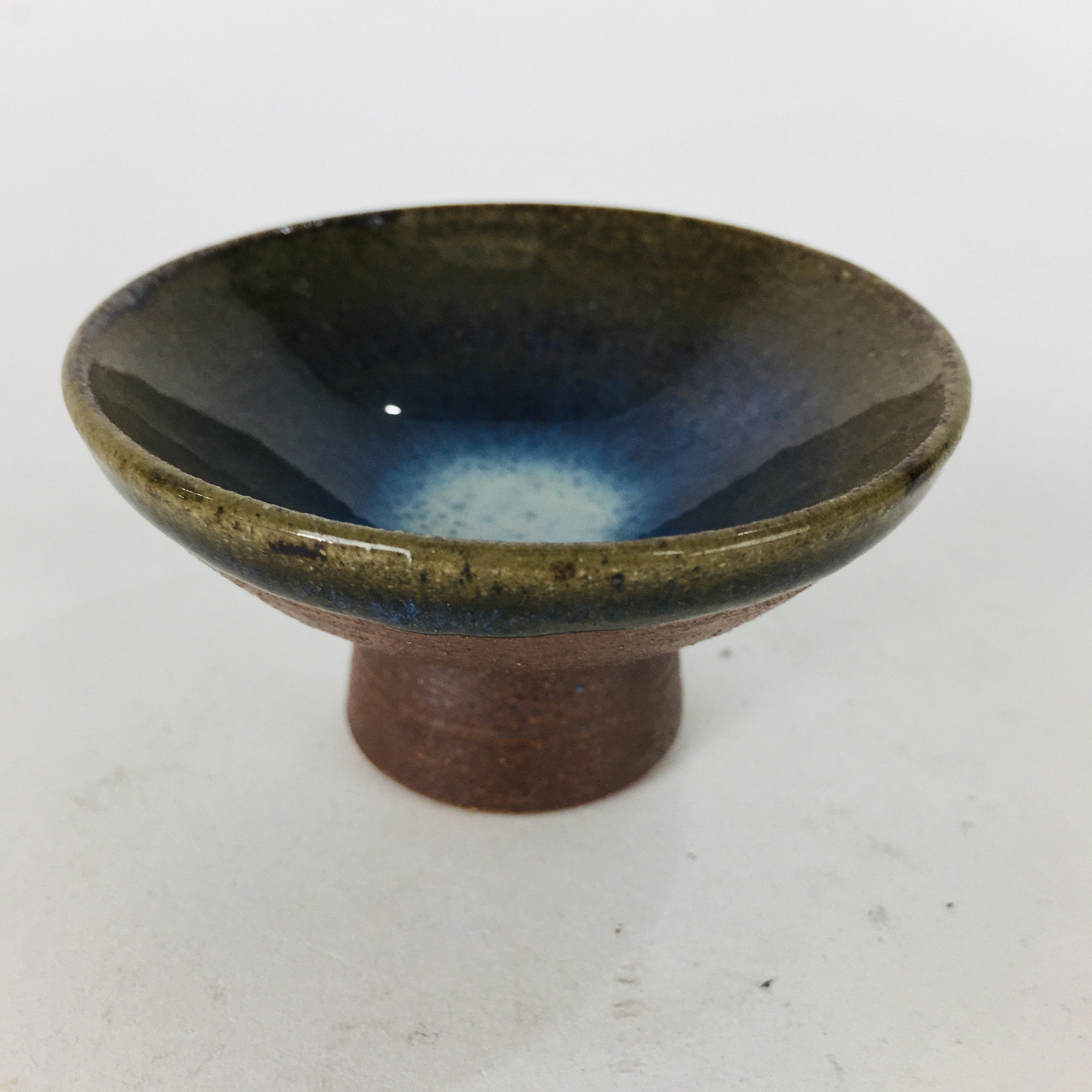 Japanese Ceramic Sake Cup Vtg Pottery Sakazuki Ochoko Brown Bluish White GU 918