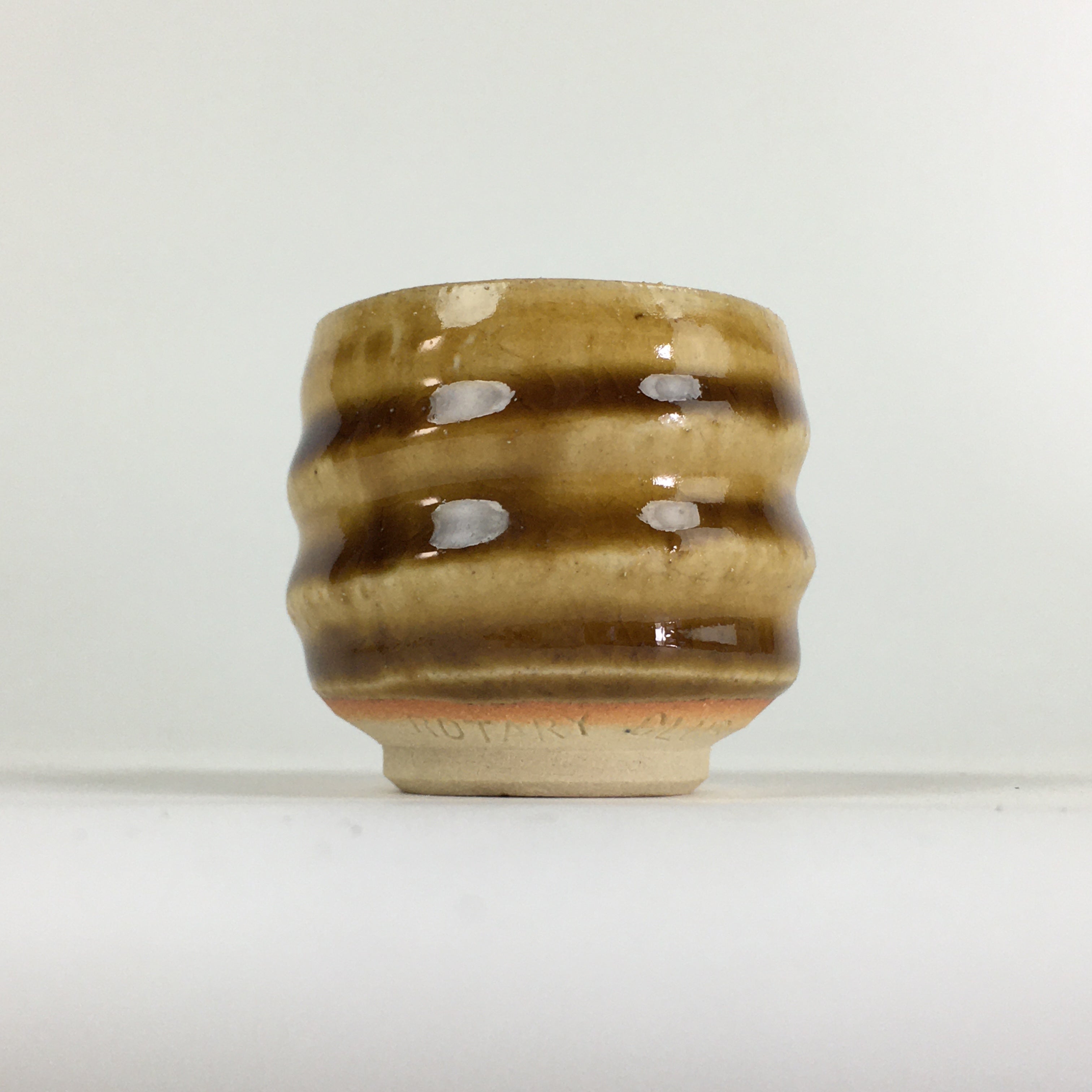 Japanese Ceramic Sake Cup Vtg Pottery Yellow Glaze Guinomi Ochoko G50