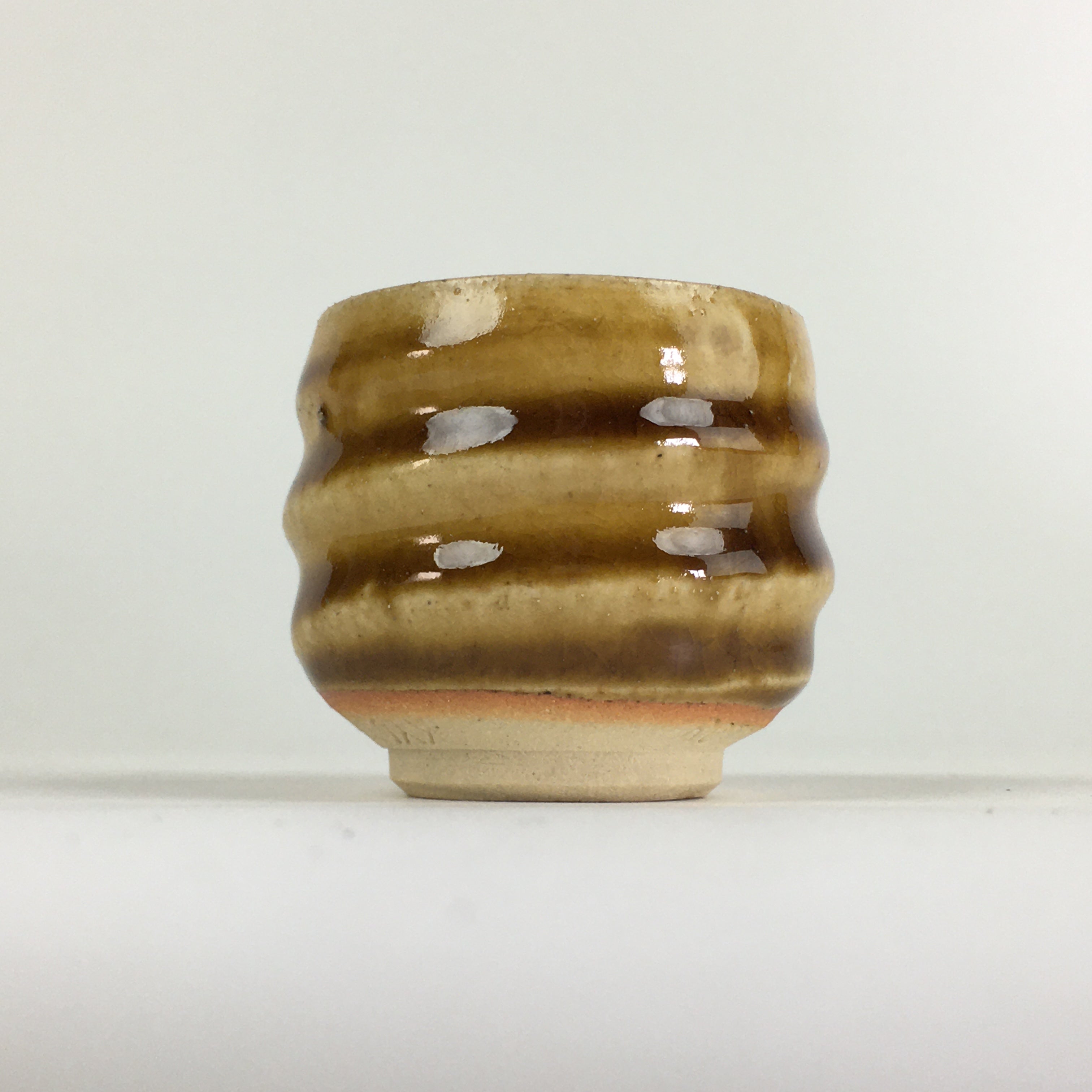 Japanese Ceramic Sake Cup Vtg Pottery Yellow Glaze Guinomi Ochoko G50