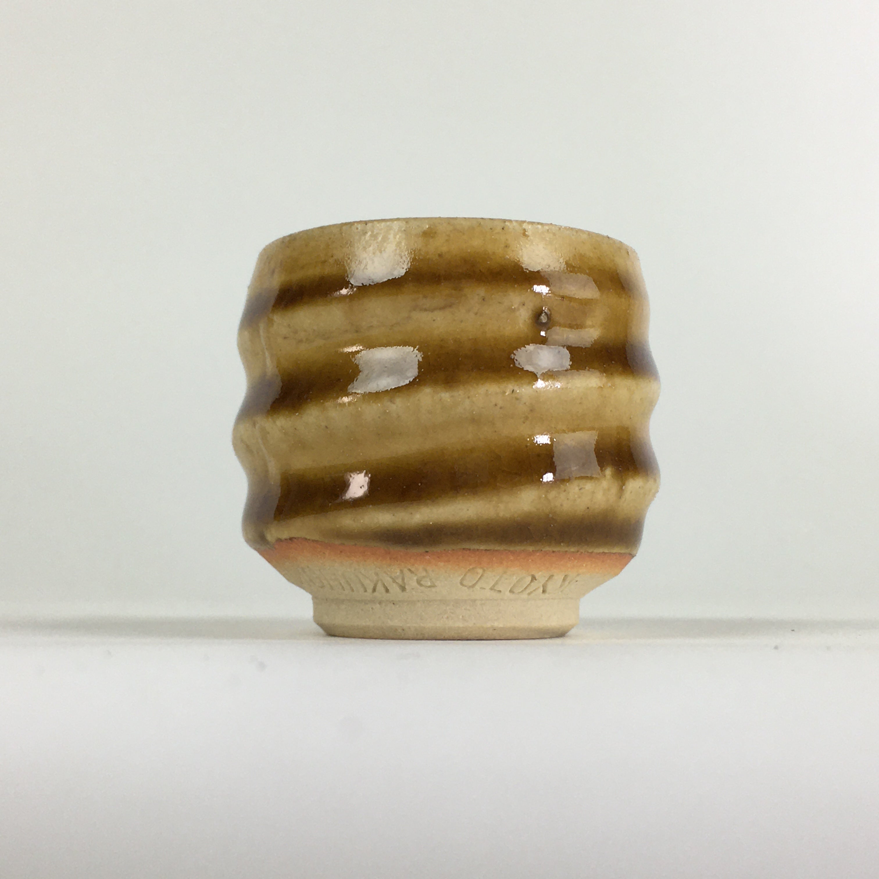 Japanese Ceramic Sake Cup Vtg Pottery Yellow Glaze Guinomi Ochoko G50
