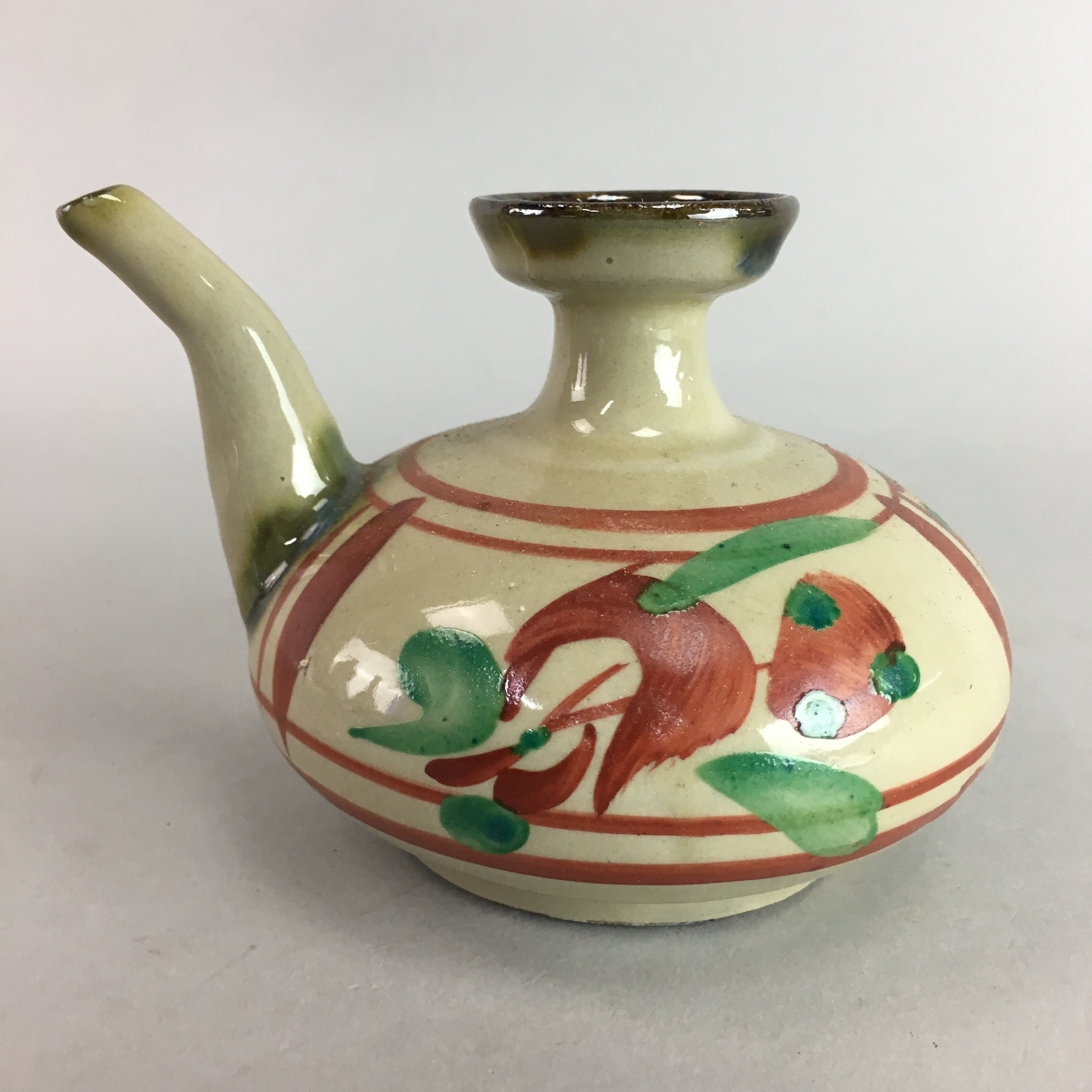 Japanese Ceramic Sake Warming Bottle Vtg Pottery Green Red Yakimono PT741