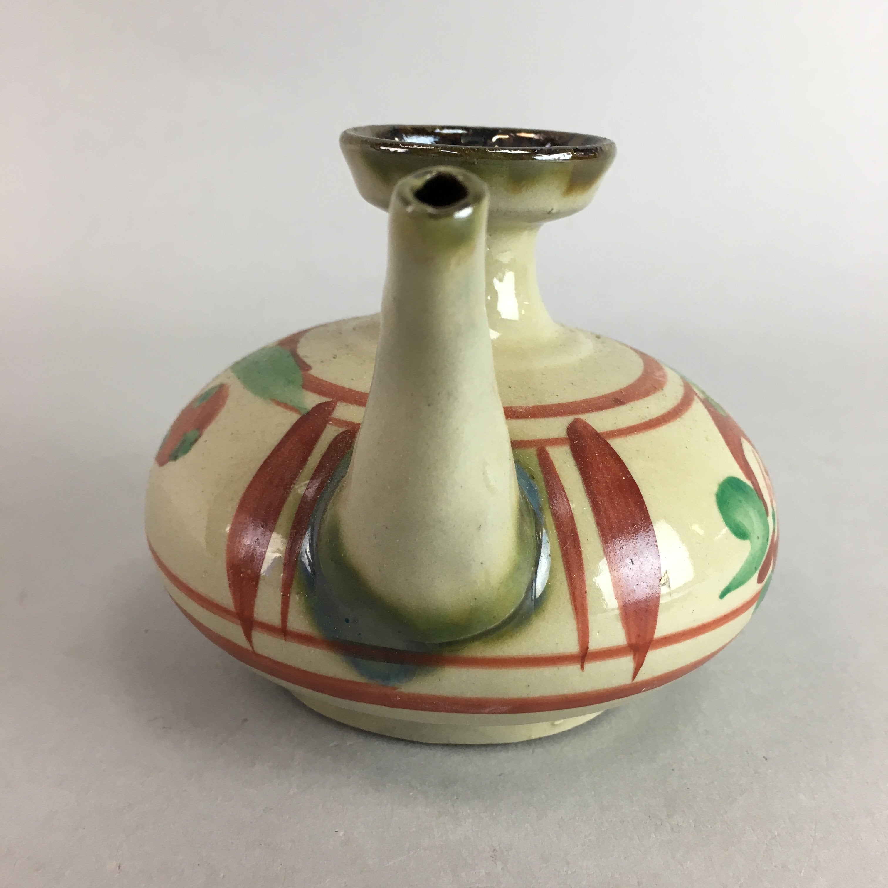 Japanese Ceramic Sake Warming Bottle Vtg Pottery Green Red Yakimono PT741