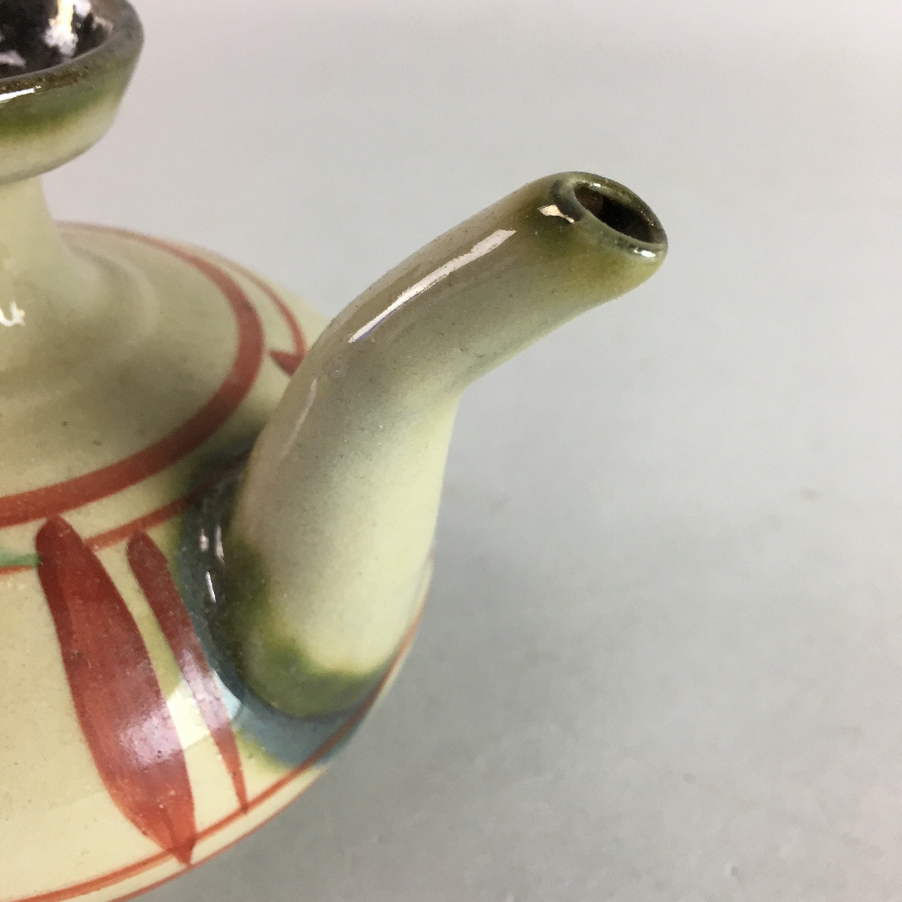 Japanese Ceramic Sake Warming Bottle Vtg Pottery Green Red Yakimono PT741