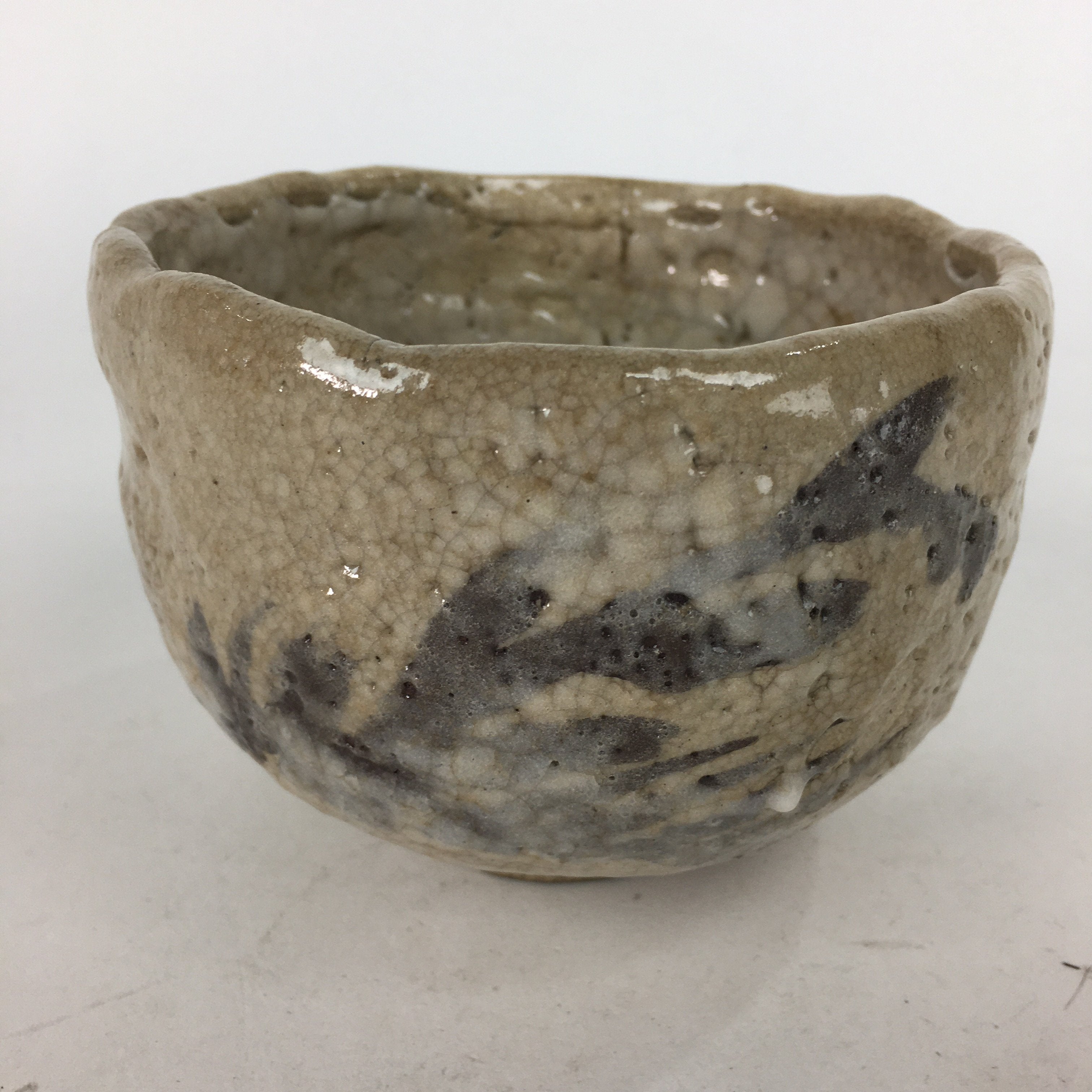 Japanese Ceramic Shino Ware Tea Ceremony Bowl Vtg Beige Brown Chawan GTB747