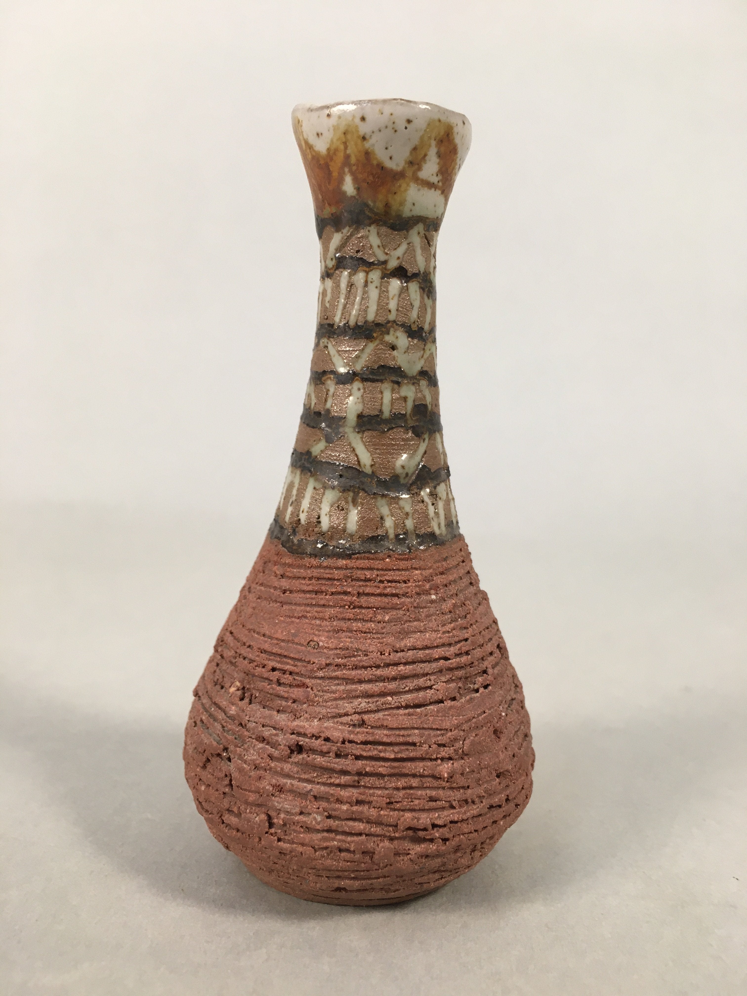 Japanese Ceramic Single Flower Vase Kabin Vtg Pottery Brown Long Neck MFV70